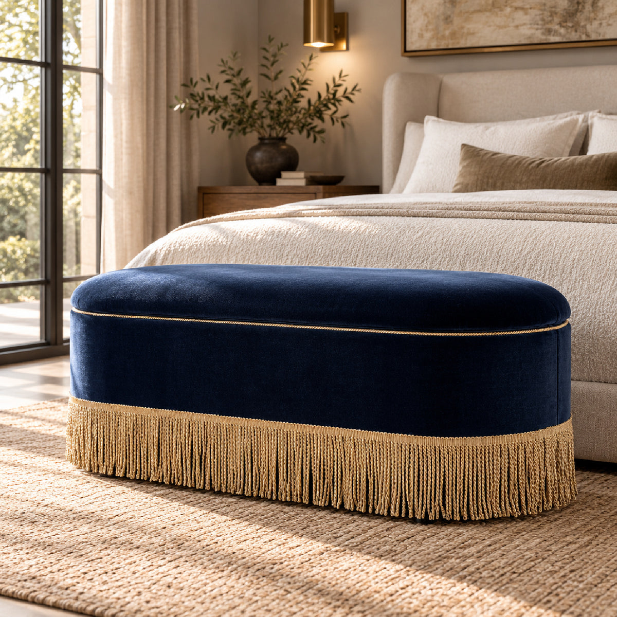 Navy Blue Velvet Storage Bench | OROA