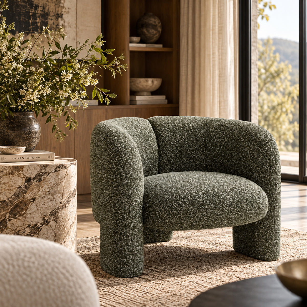 Green Curved Tweed Accent Chair | OROA