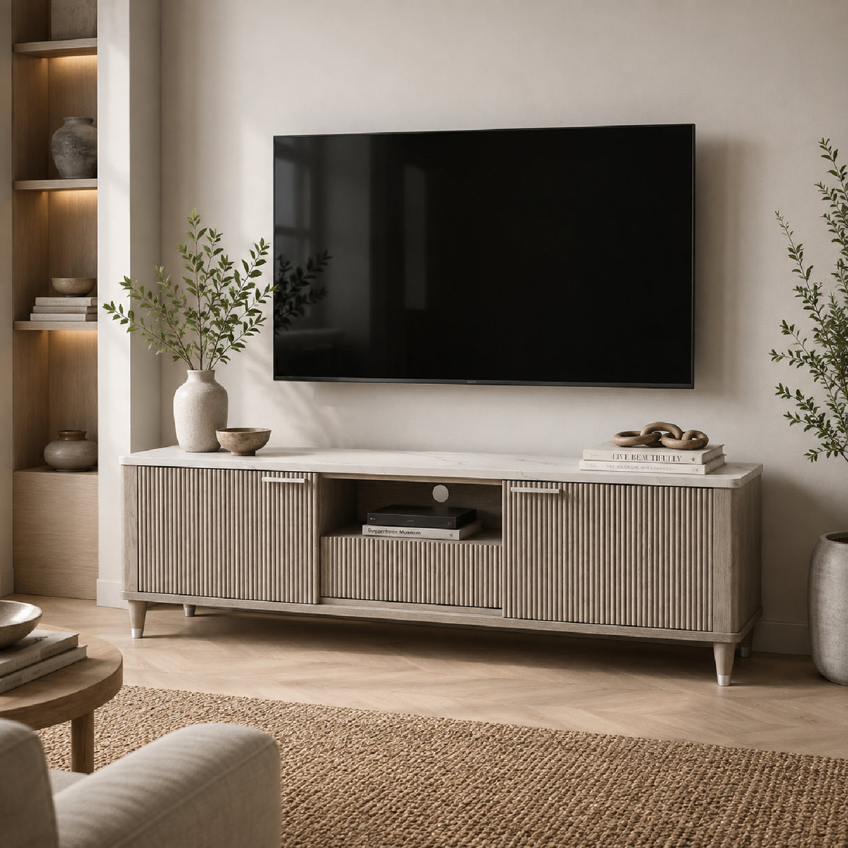 Modern European furniture - Modern Sleek White Faux Marble Top TV Stand - www.oroa.com