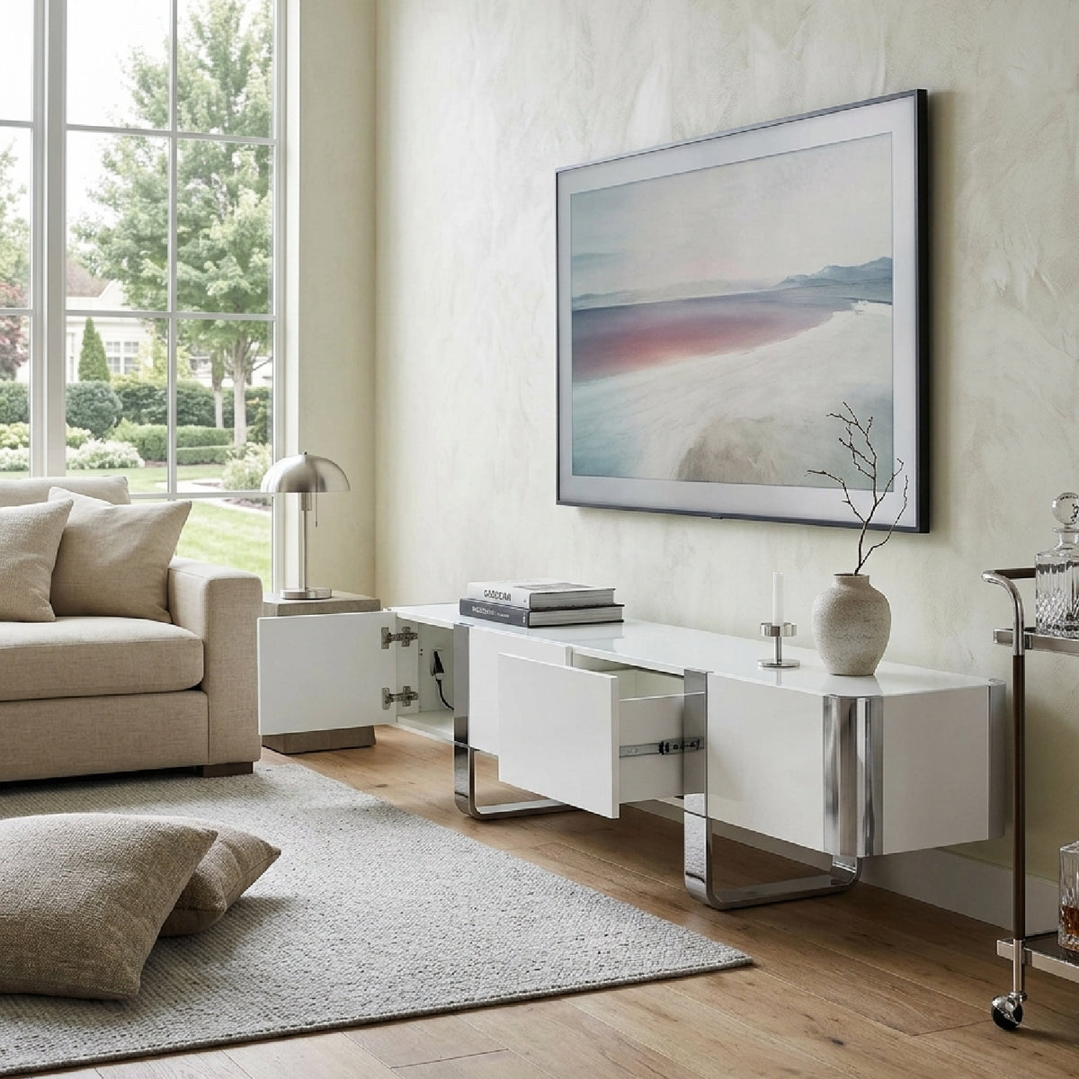 Modern White and Silver TV Stand Cabinet | OROA