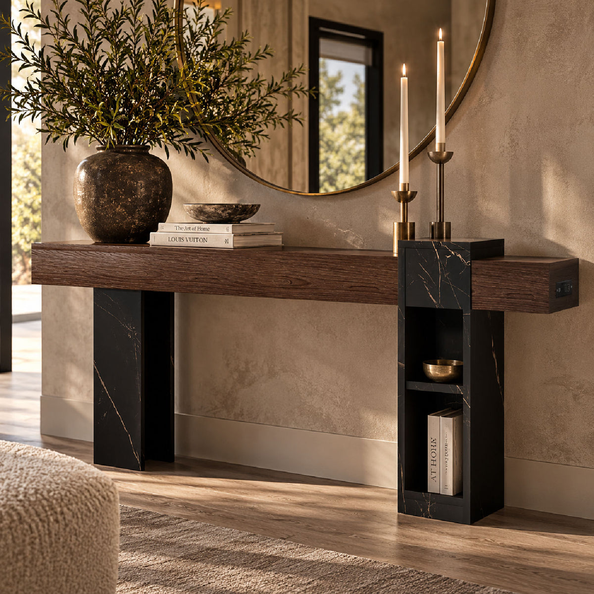 Walnut Narrow Console Table with Storage | OROA