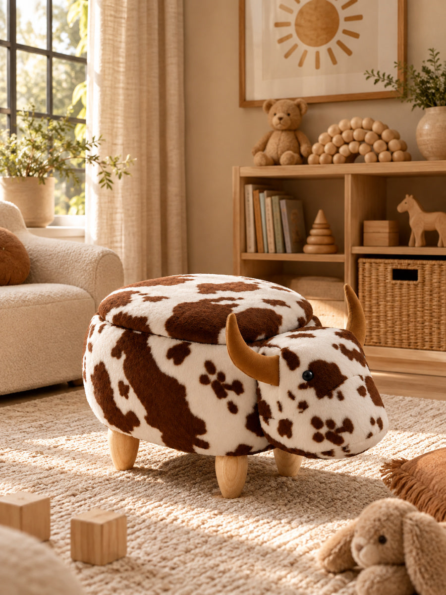 Brown Upholstered Cow Storage Ottoman | OROA Kids