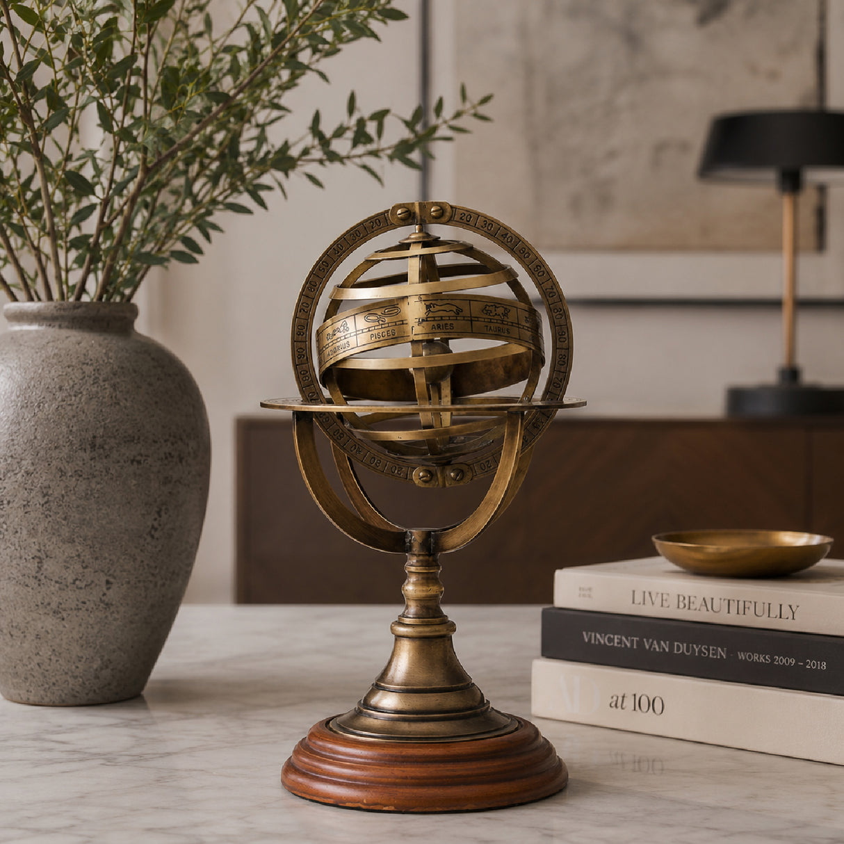 Decorative Brass Armillary Sphere with Wood Base | OROA