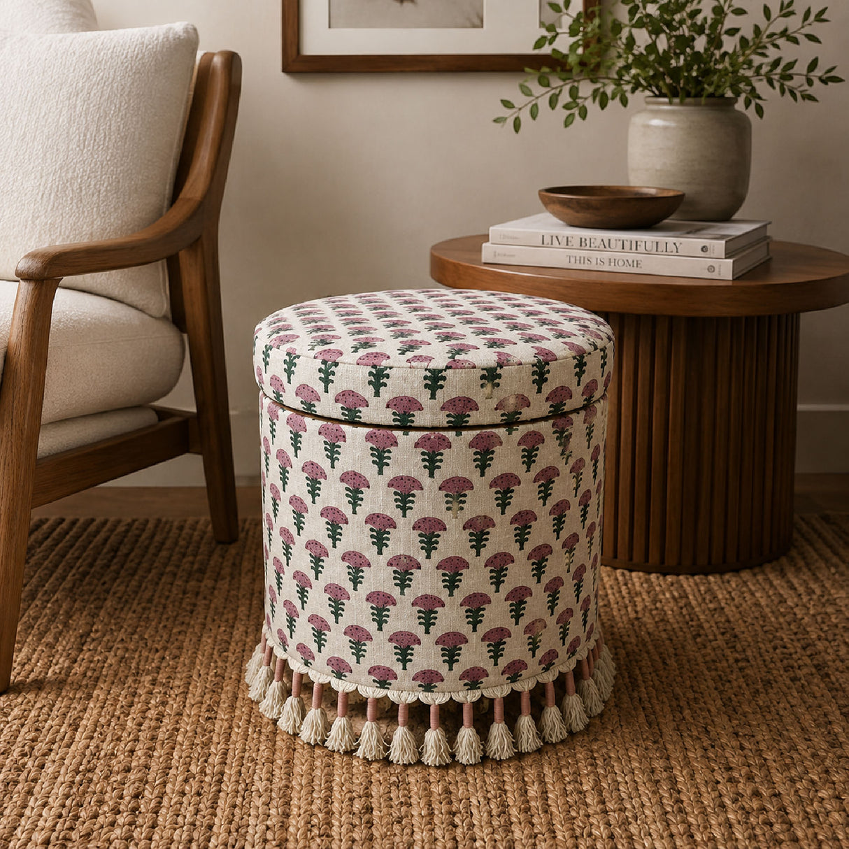 Upholstered Floral Bohemian Storage Ottoman | OROA