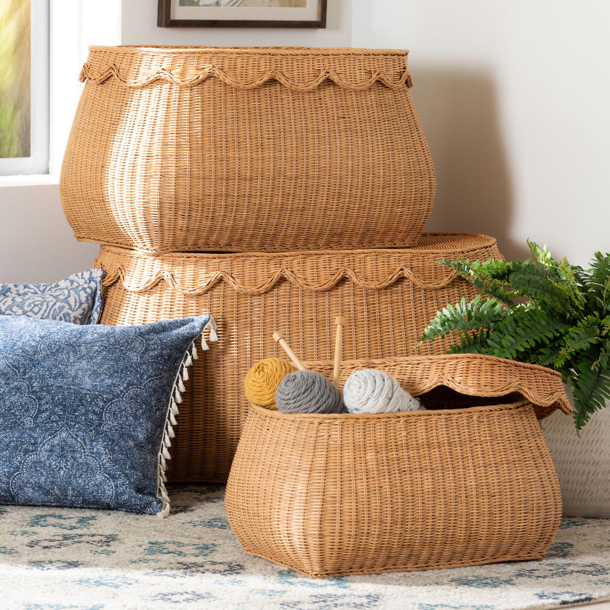 Rattan Scalloped Lidded Baskets (3) – Ayleen – angled view