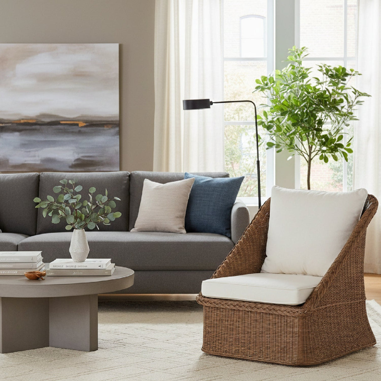 Brown Braided Rattan Accent Chair – Derris – angled view