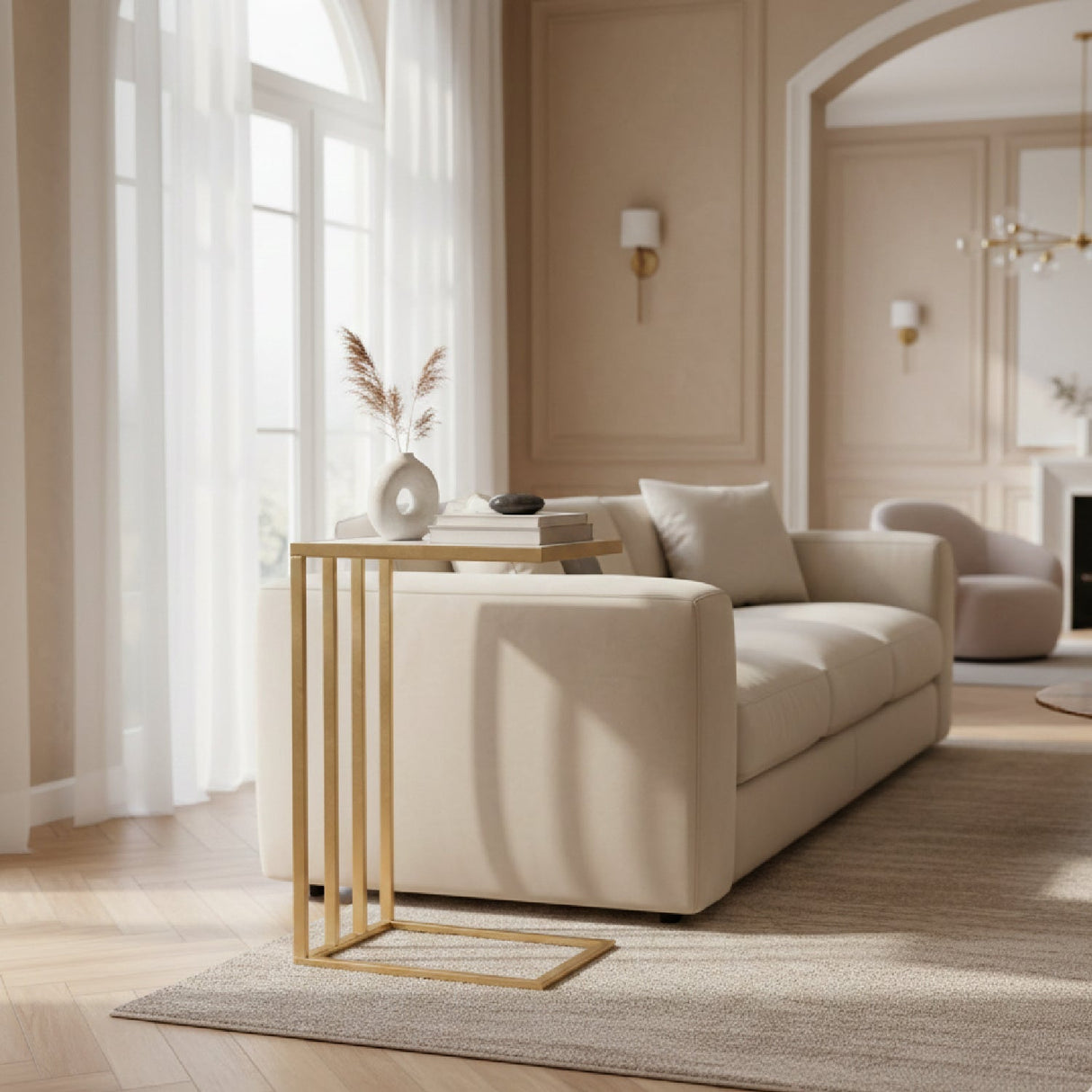 Gold C-Shaped Marble End Table – Parkin – angled view