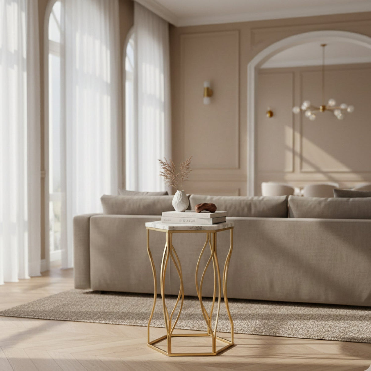 Hexagonal Marble End Table – Kalena – angled view