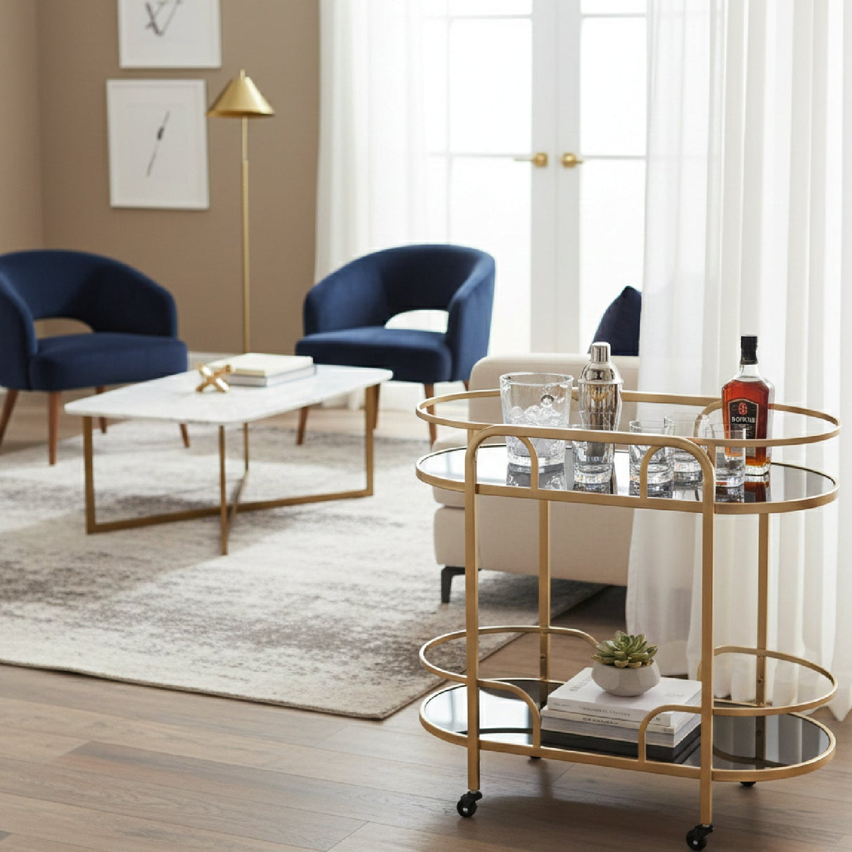 Gold 2-Tier Wine Cart – Leighton – angled view