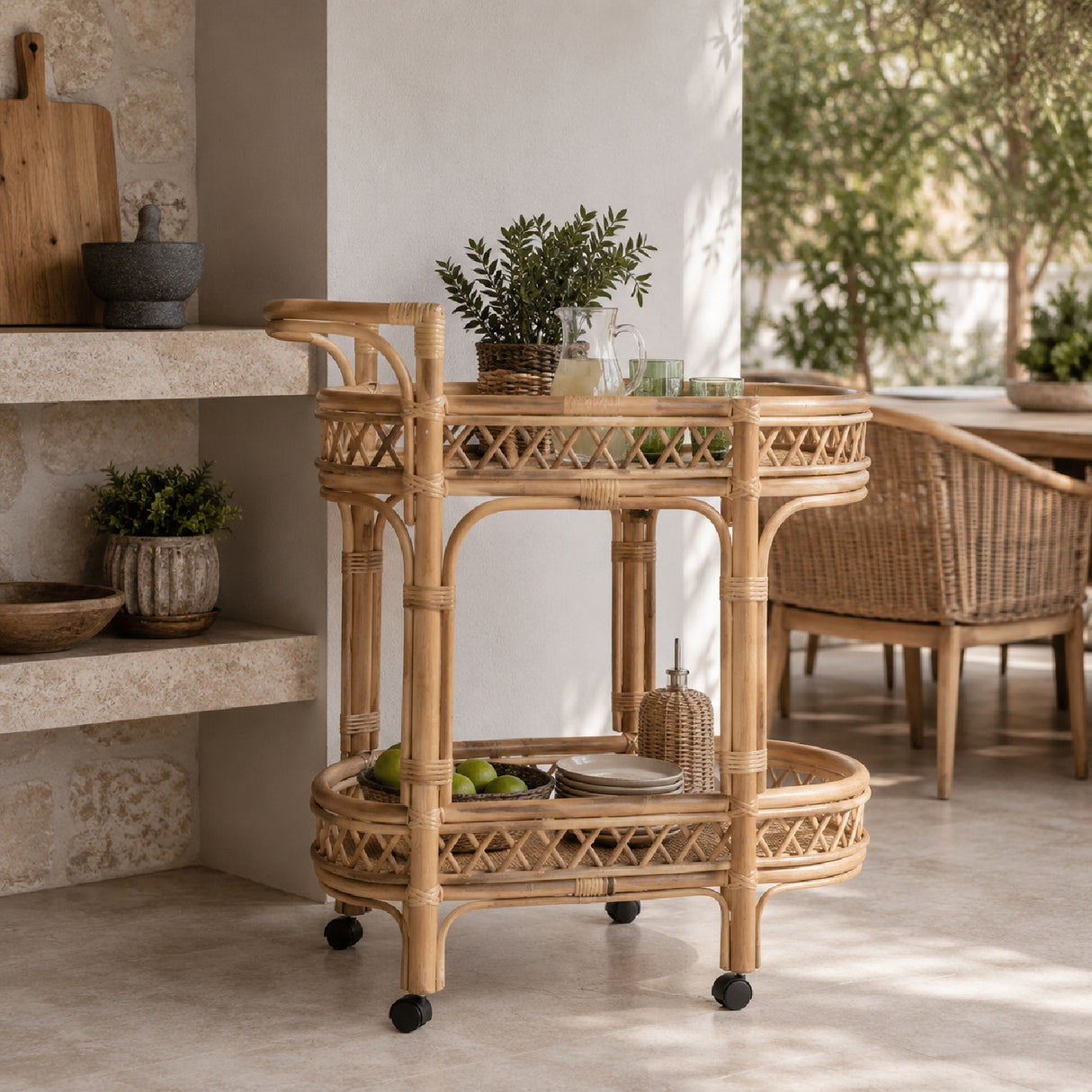 Modern European furniture - Natural Rattan Indoor/Outdoor Kitchen Cart - www.oroa.com