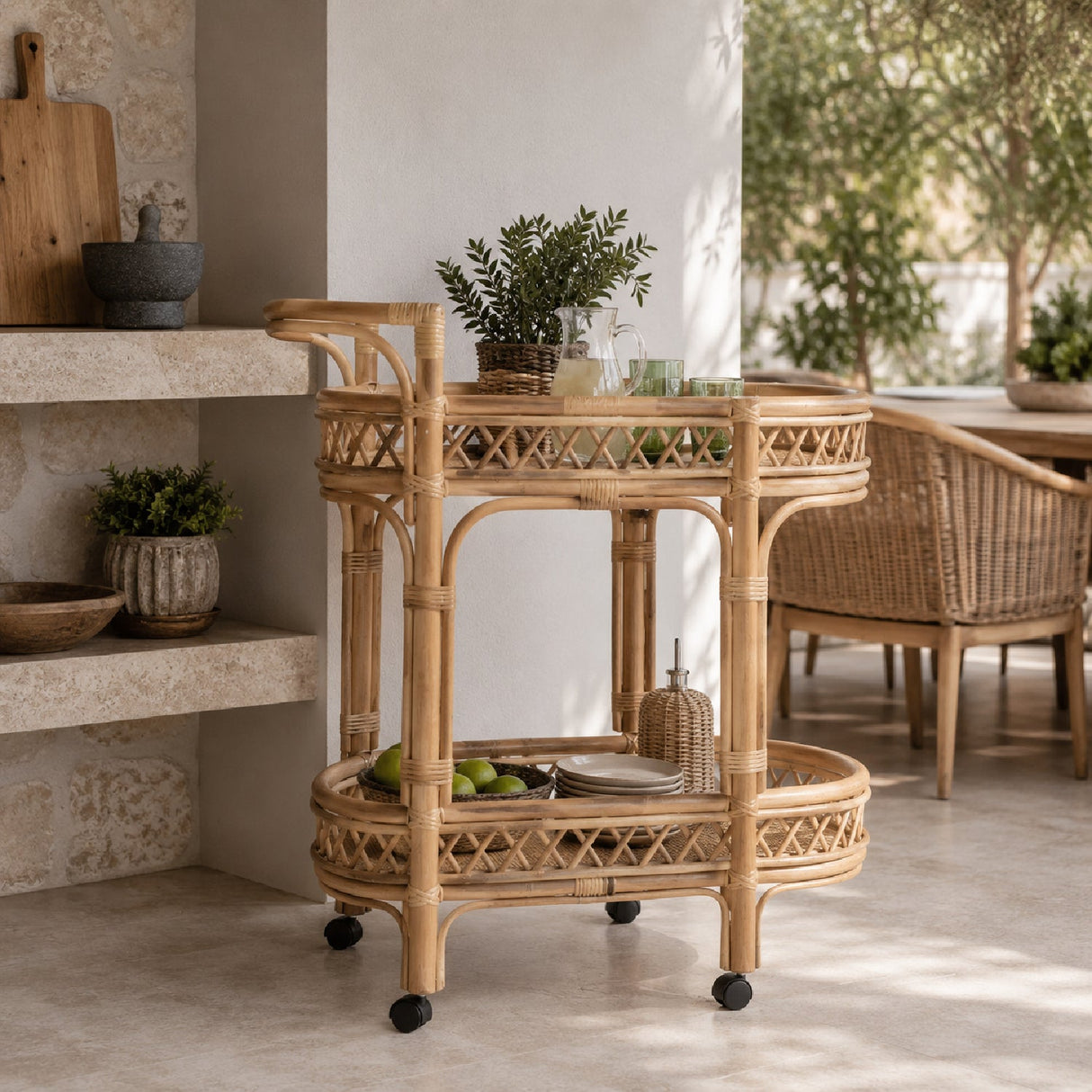 Modern European furniture - Natural Rattan Indoor/Outdoor Kitchen Cart - www.oroa.com