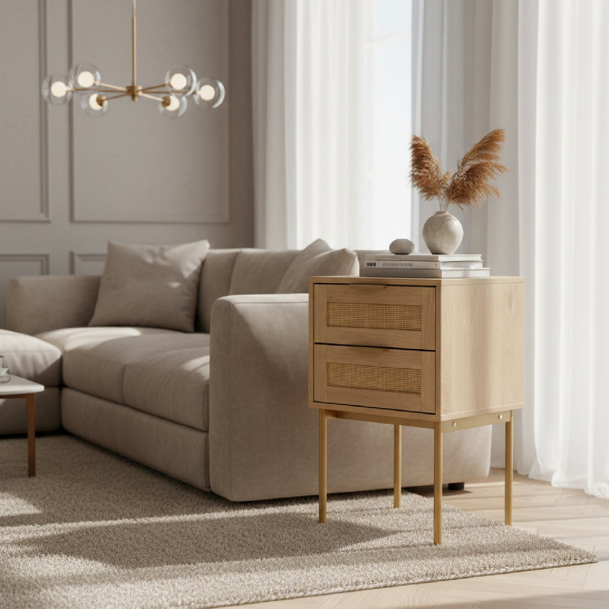 Japandi 2-Drawer End Table – Dewitt – angled view