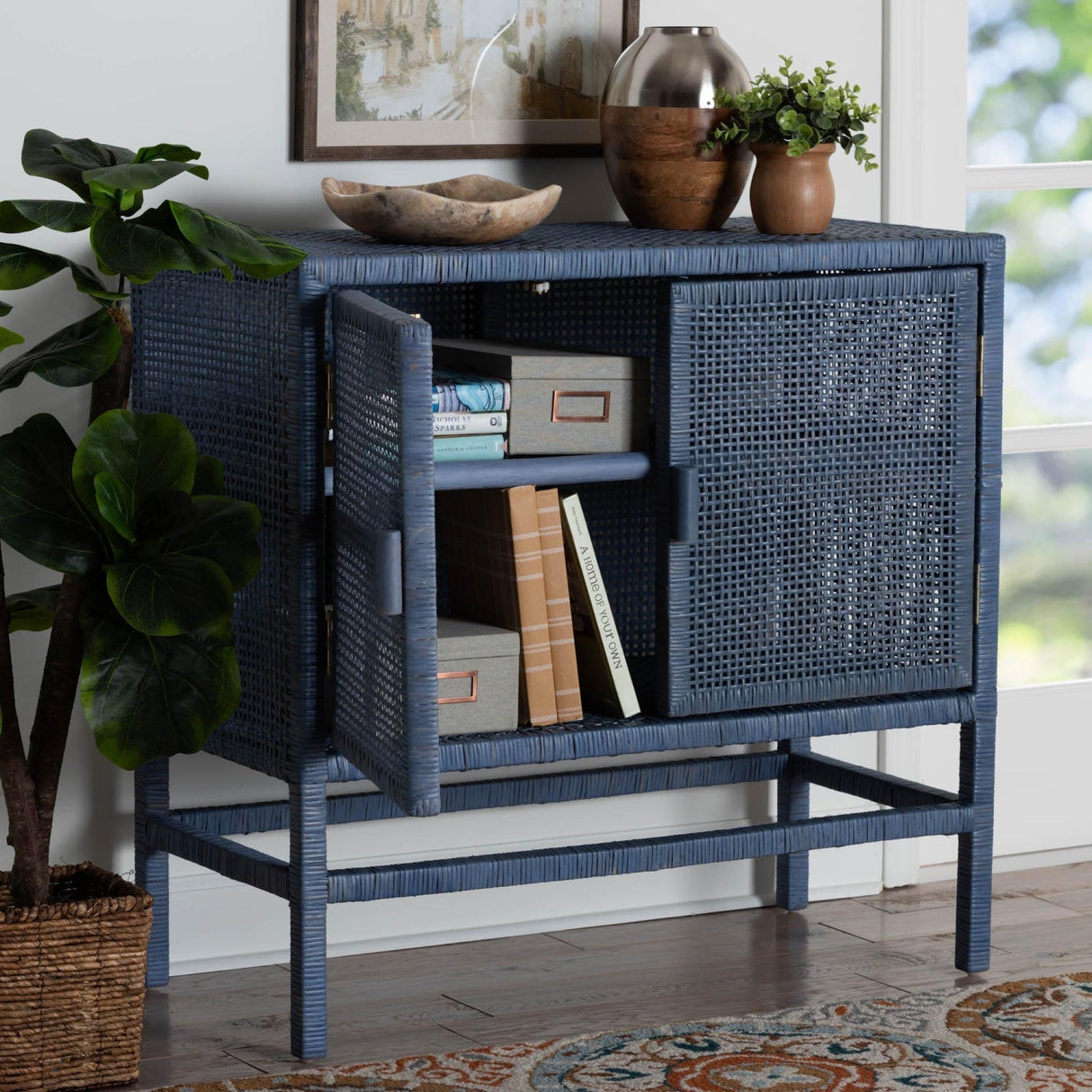 Modern European furniture - Blue Rattan 2-Door Cabinet - www.oroa.com