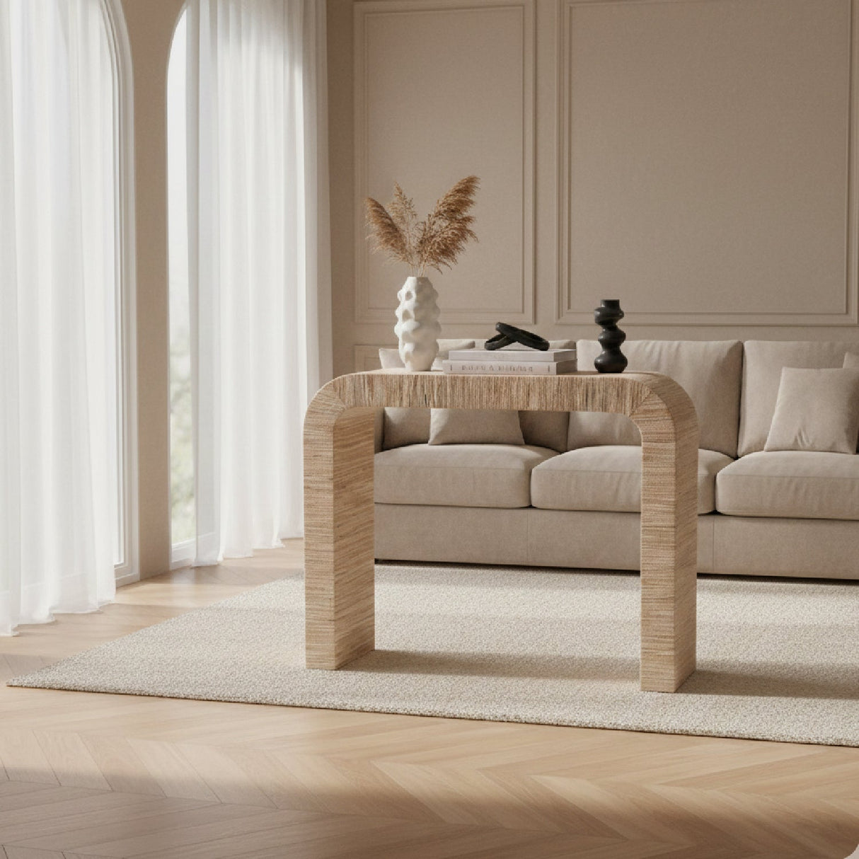 Woven Grasscloth Console Table – Yarelie – angled view
