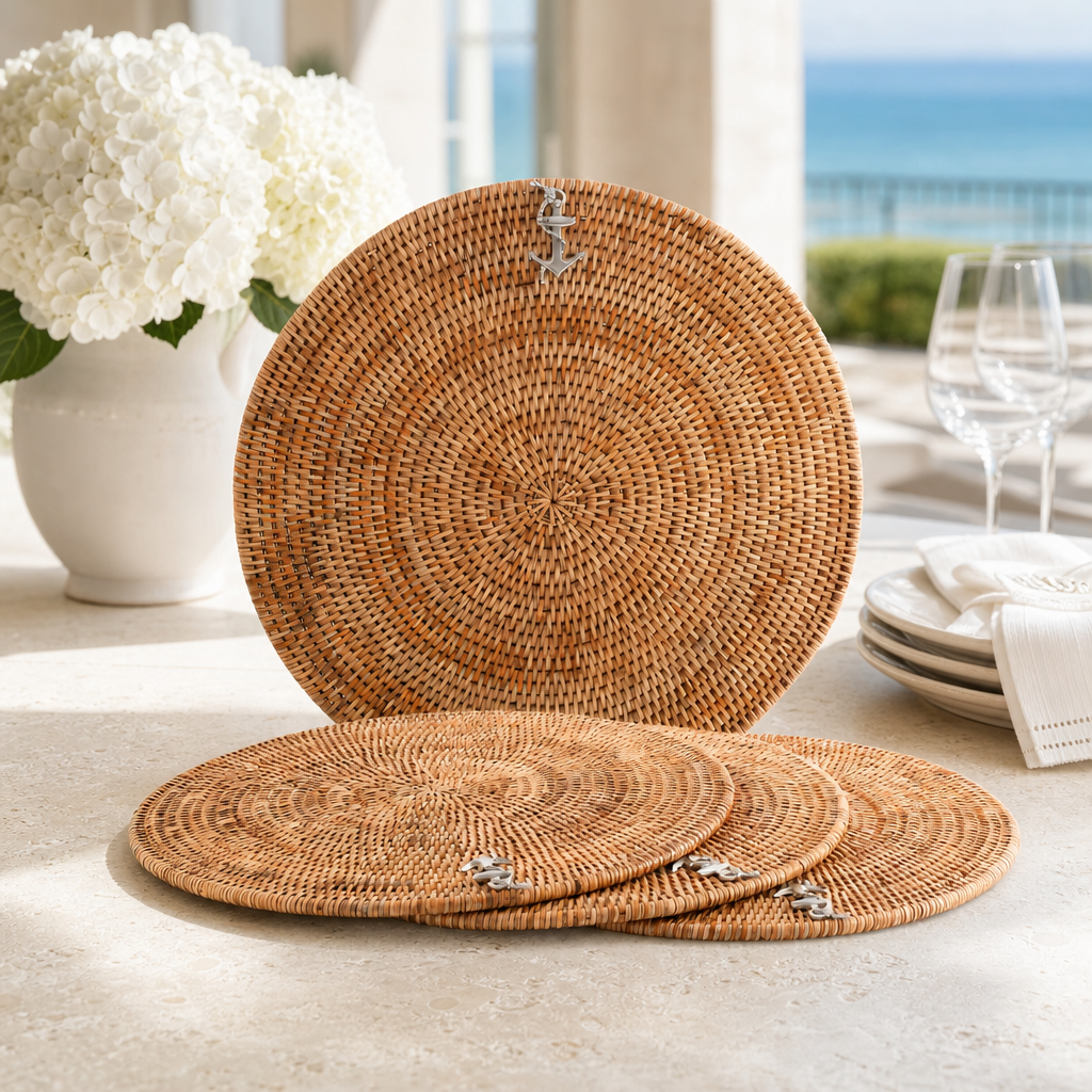 Hand-Woven Rattan & Pewter Anchor Placemats (S/4) - OROA