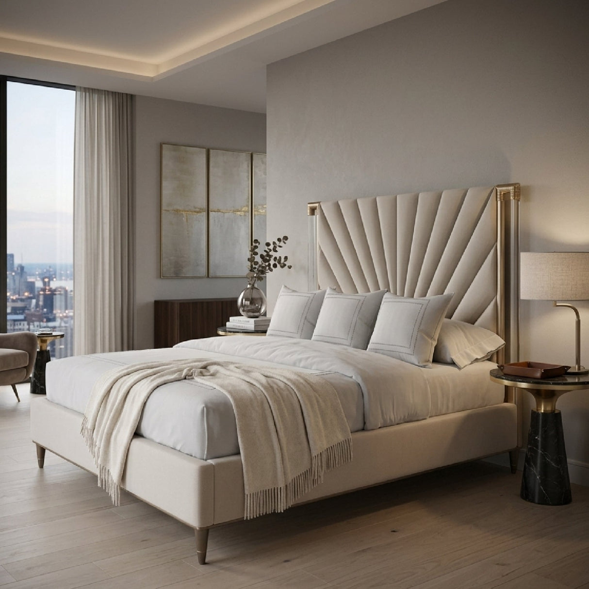 Gold Frame Upholstered Queen Bed – Valentina – angled view
