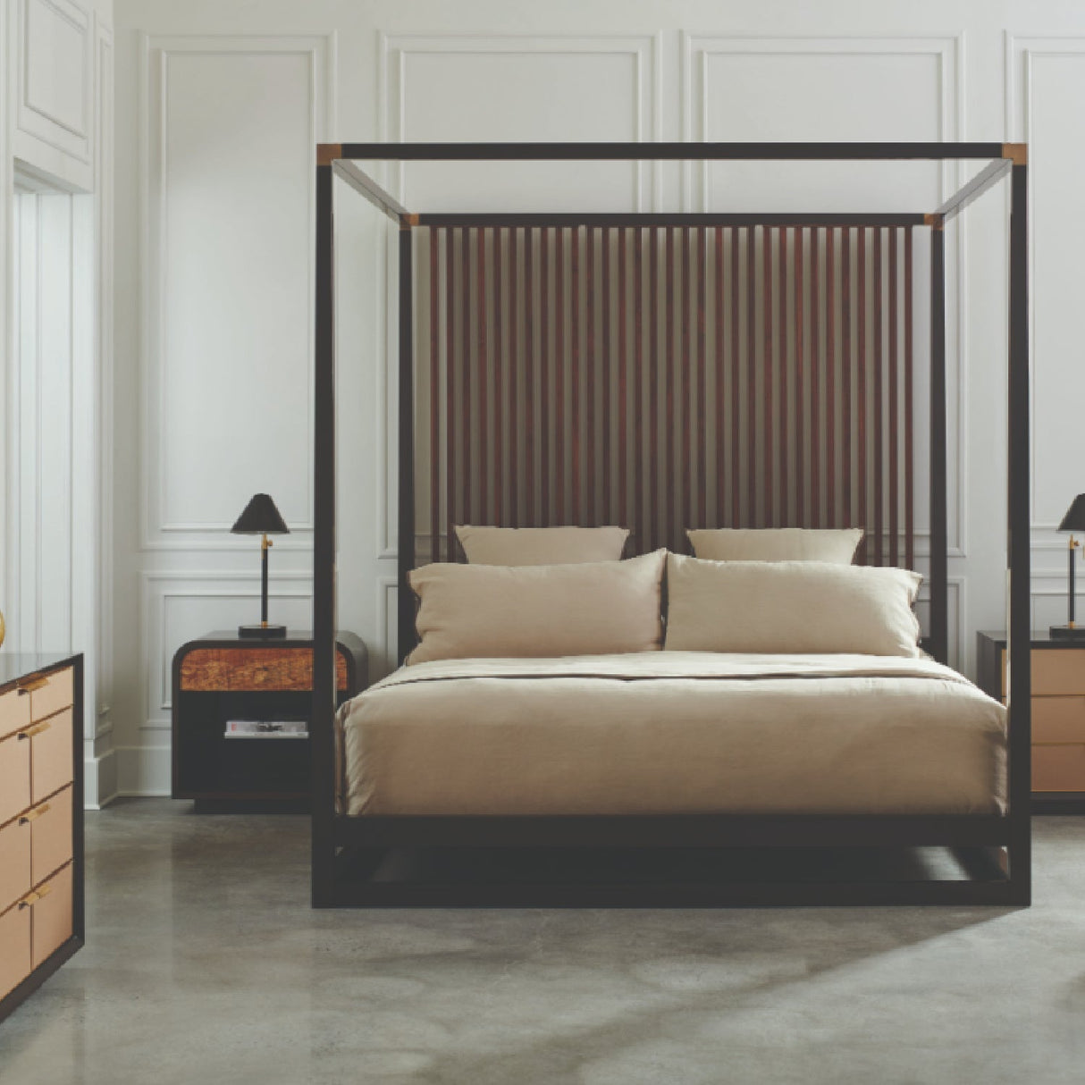 Brown Wooden Canopy Bed – Pinstripe – angled view