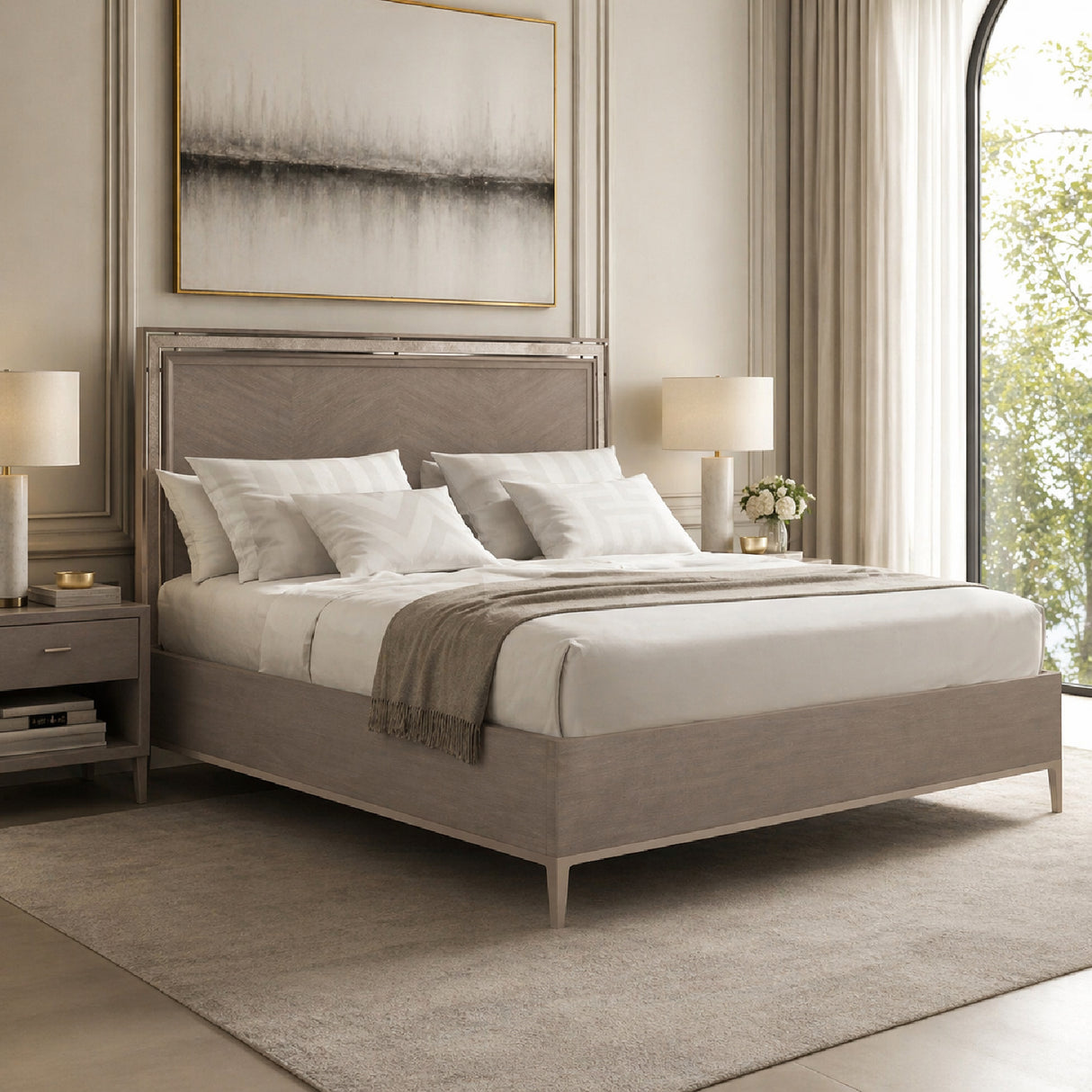 Wooden Herringbone Queen Bed – Serenity – angled view