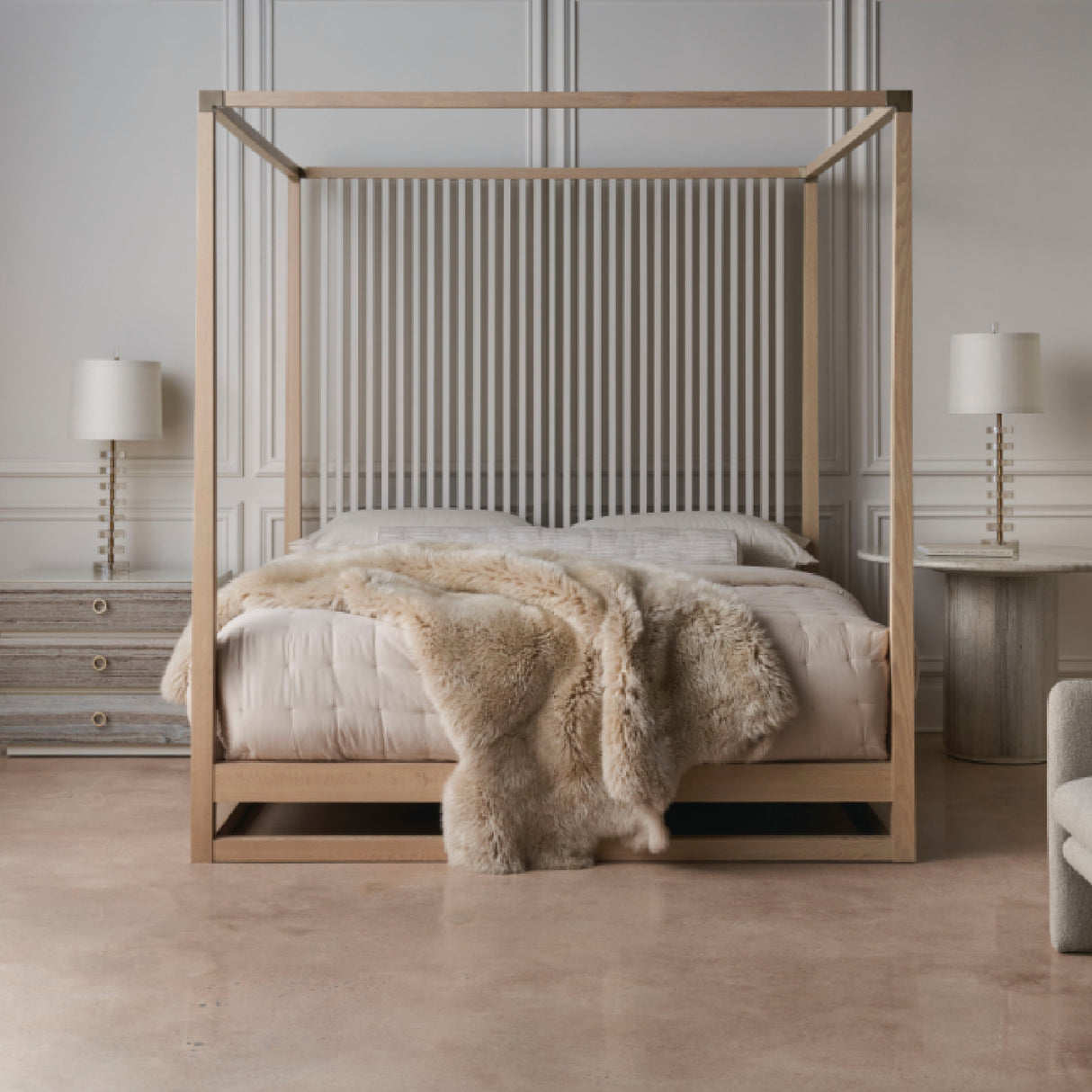 Light Oak Canopy Bed – Pinstripe – angled view