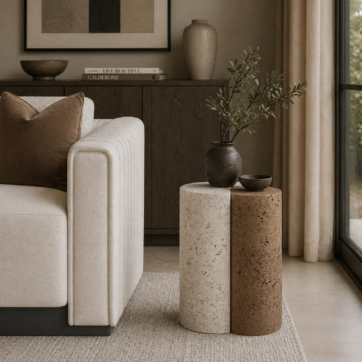 Cylindrical End Table – Sun And Moon – angled view