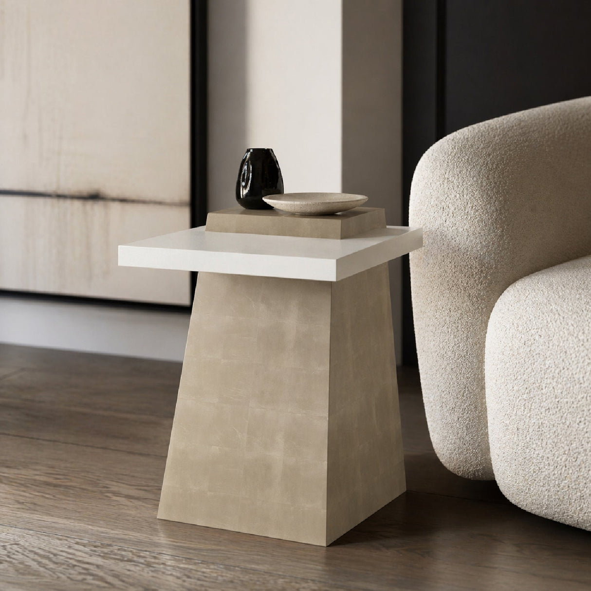 Wooden Trapezoid Side Table β Plank β angled view