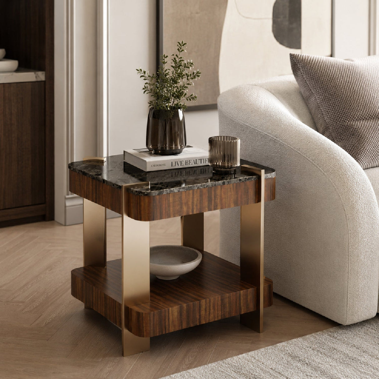 Smoked Walnut Square Side Table – Altura – angled view