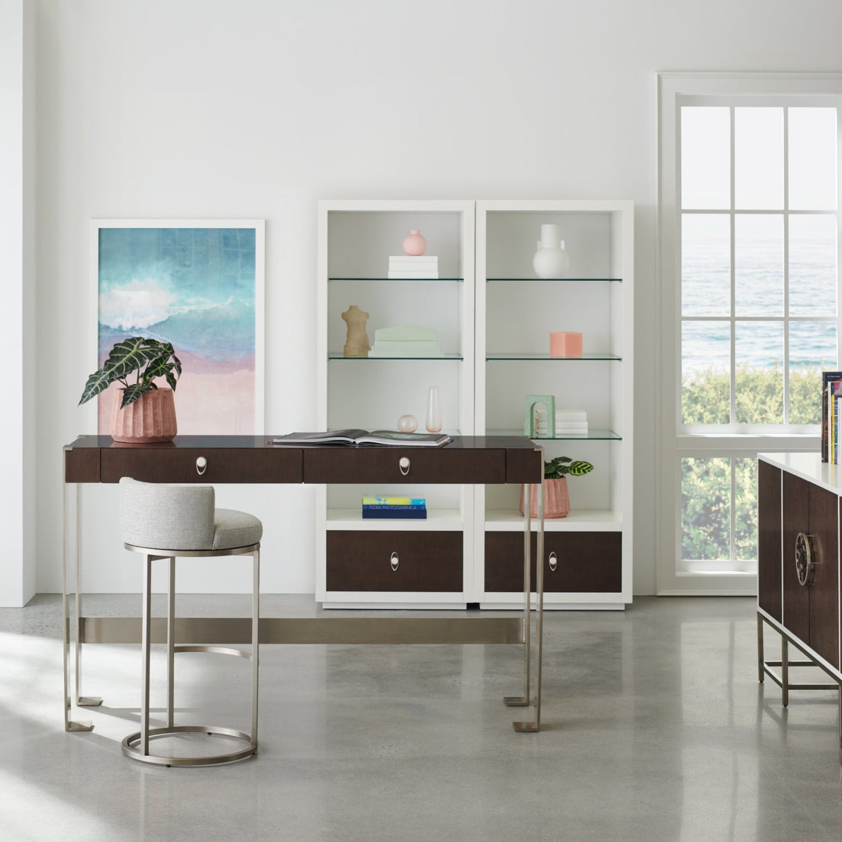 Metal Legged 2-Drawer Desk – Open for Business – angled view