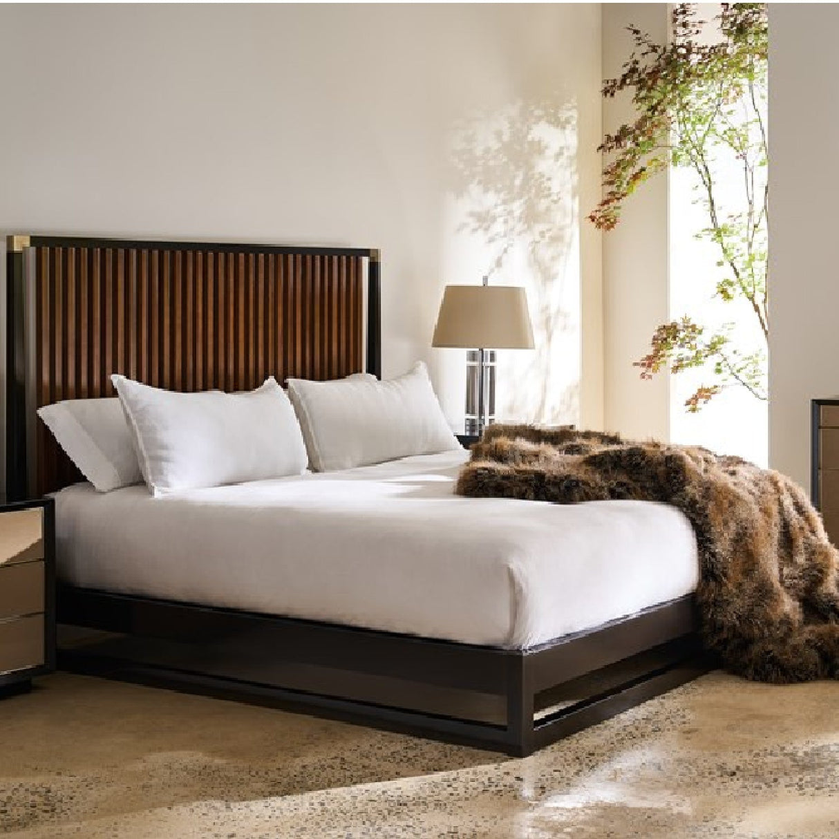 Slatted Oak King Bed – Pinstripe – angled view
