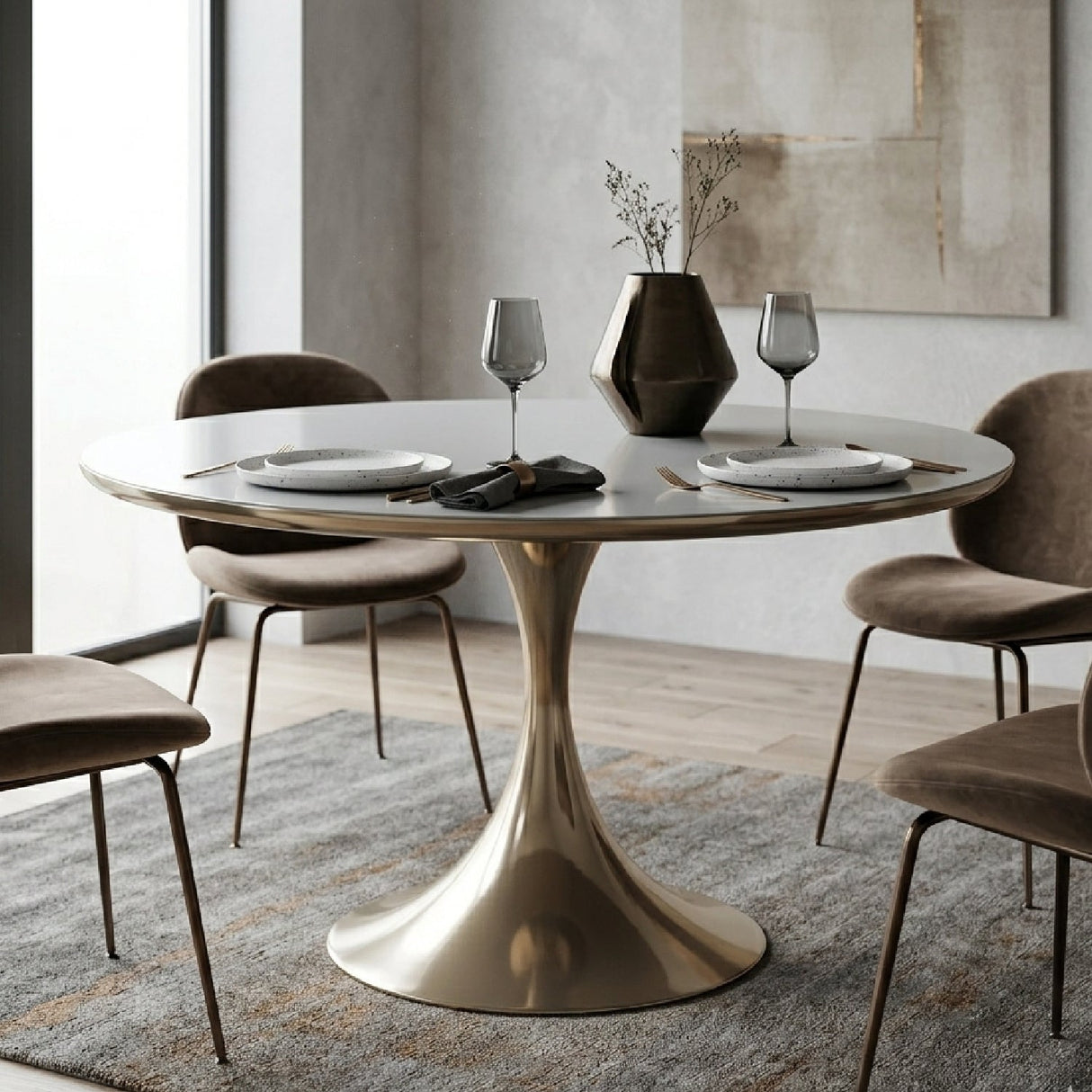 Mirror Top Round Dining Table – Semper – angled view