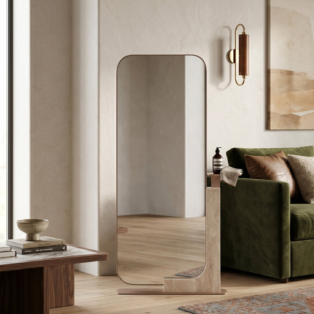 Travertine Stand Floor Mirror – Overlap – angled view
