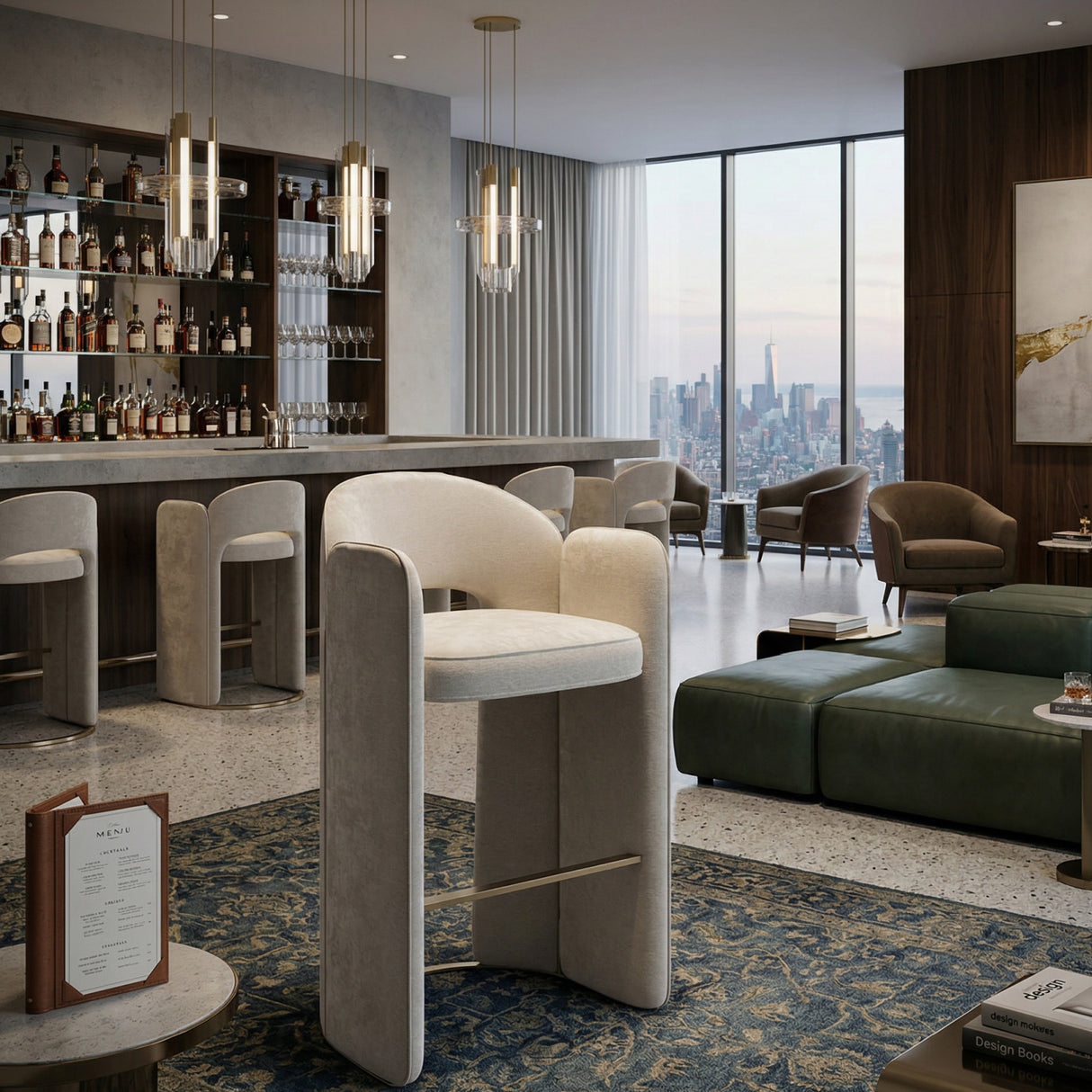 White Velvet Bar Stool – Overlap – angled view