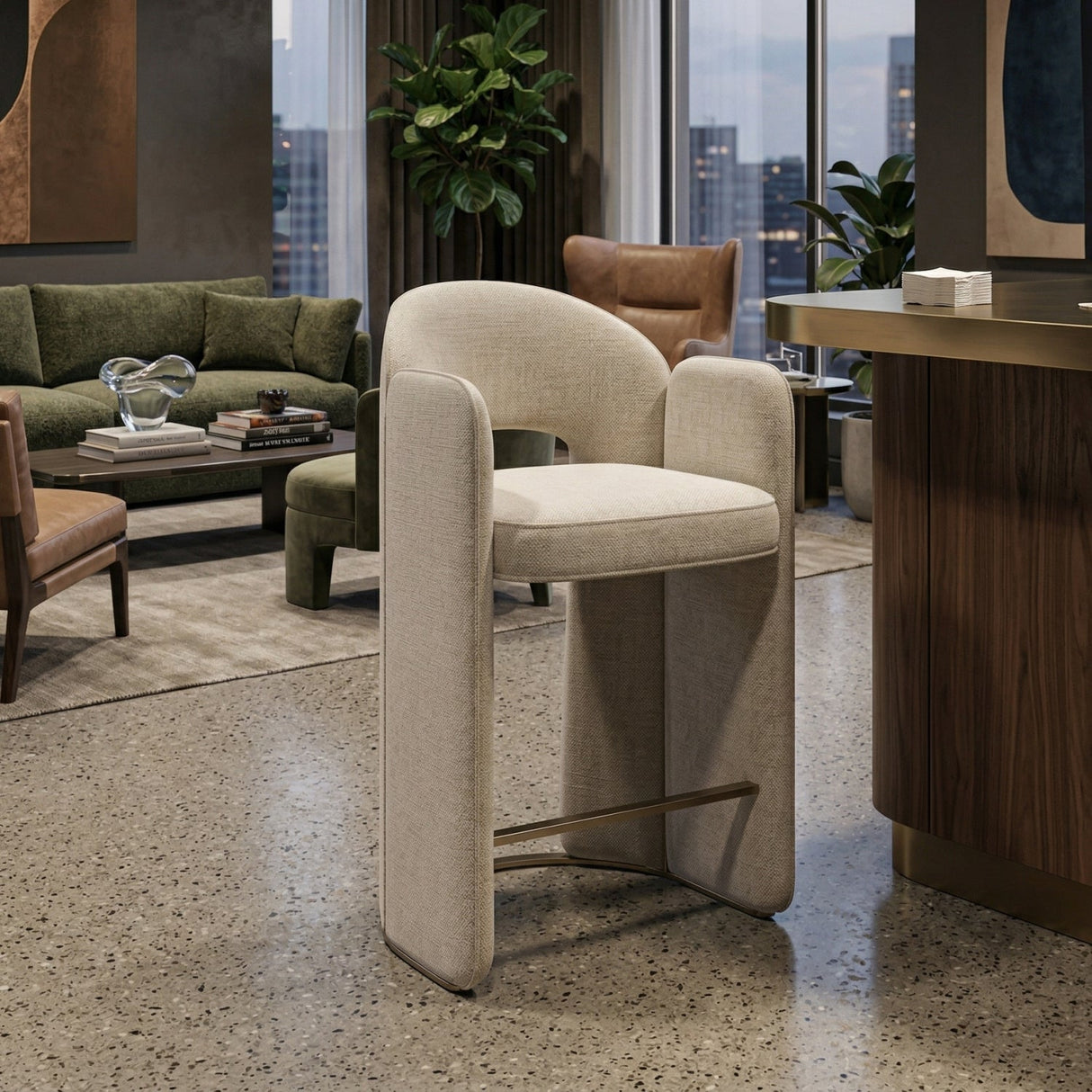 White Velvet Counter Stool – Overlap – angled view