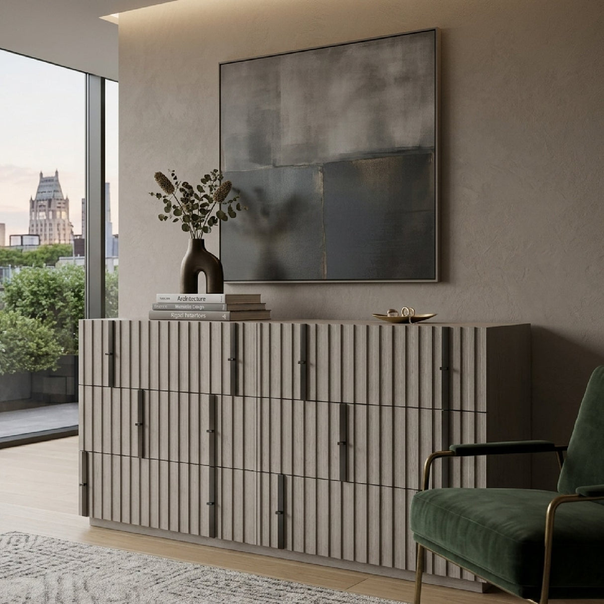 Gray Slatted 6-Drawer Dresser – Clancy – angled view