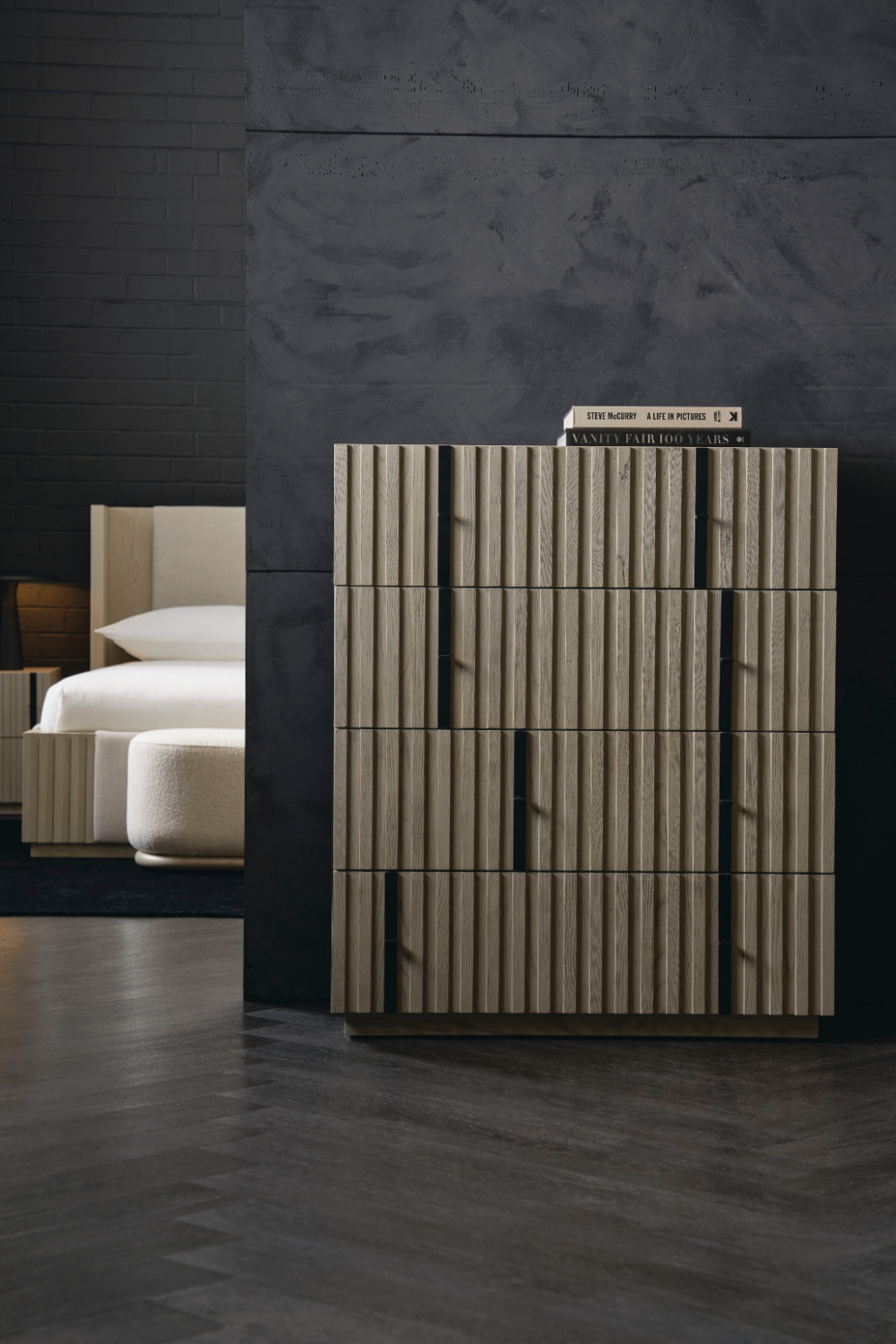Taupe Slatted Oak 4-Drawer Chest – Clancy – angled view