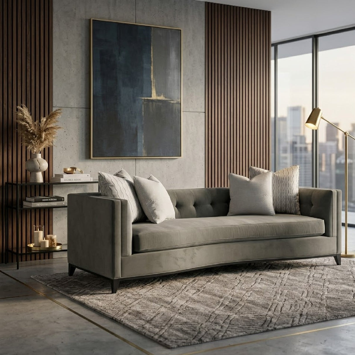 Gray Velvet Tufted Sofa – Grace – angled view