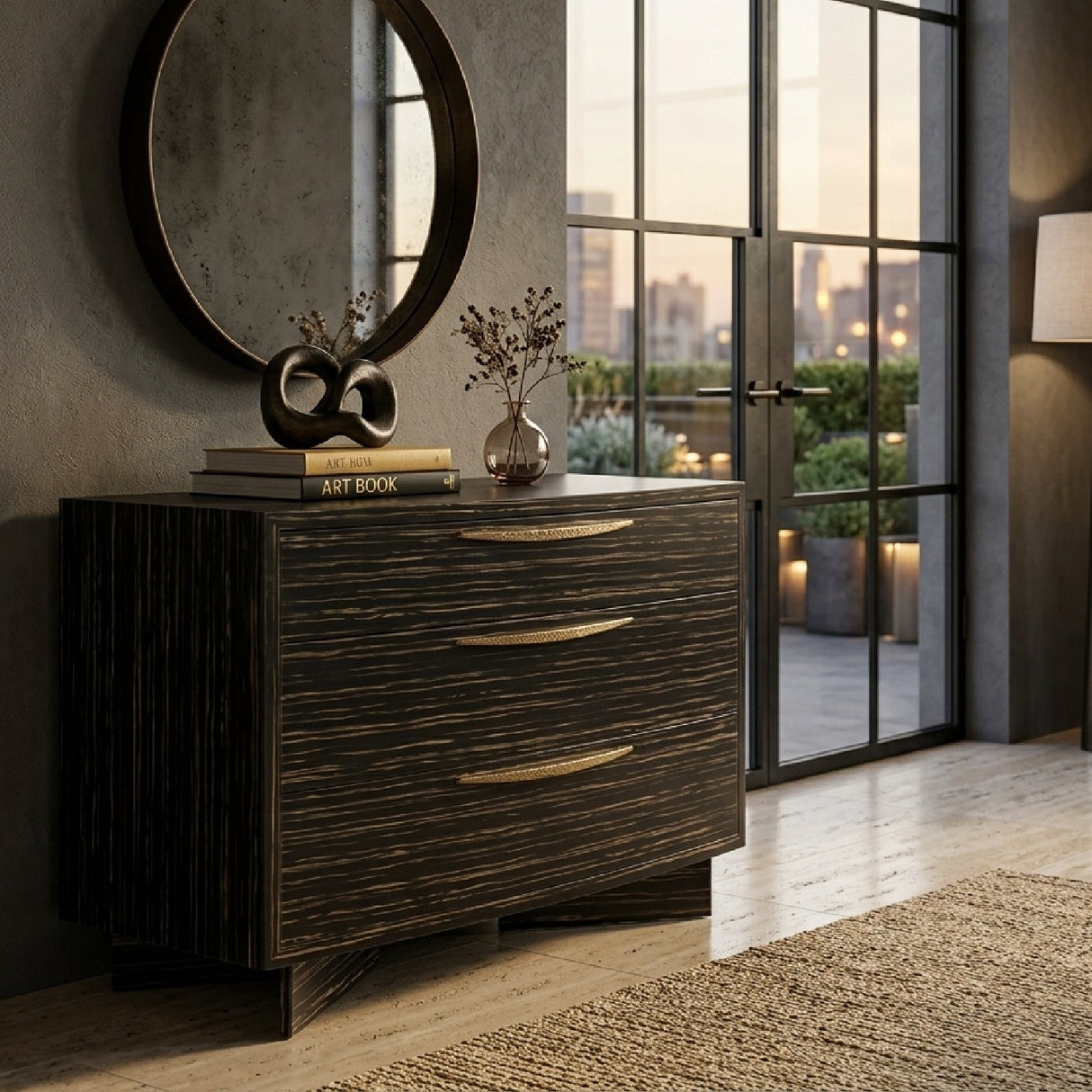 Striated Black 3-Drawer Dresser – Vector – angled view