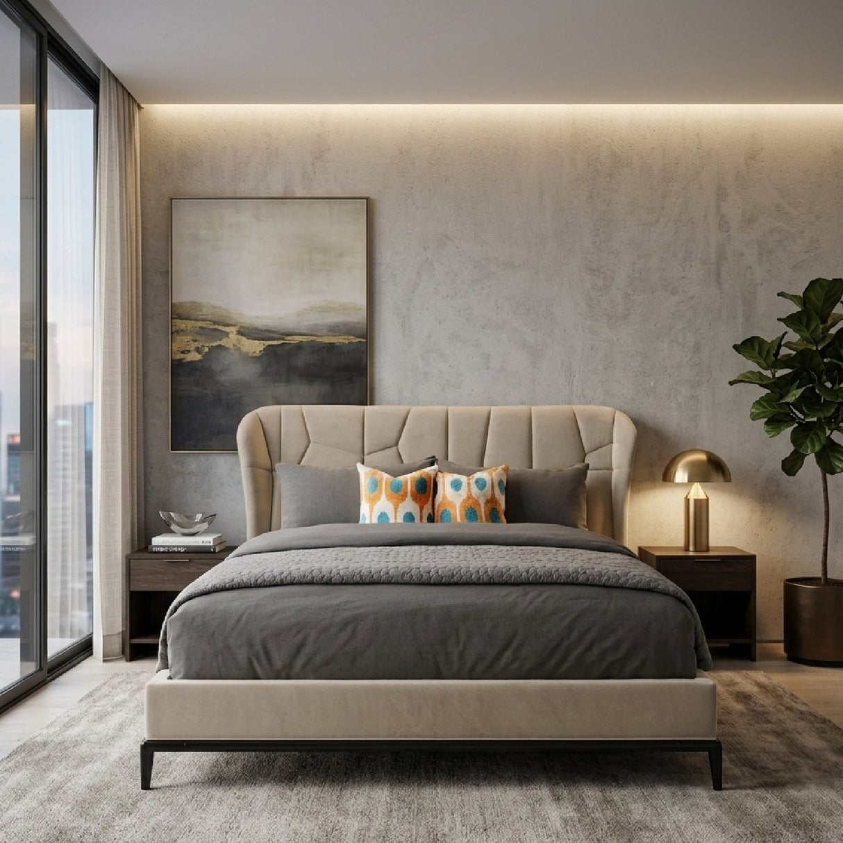 Beige Quilted Bed – Vector – angled view