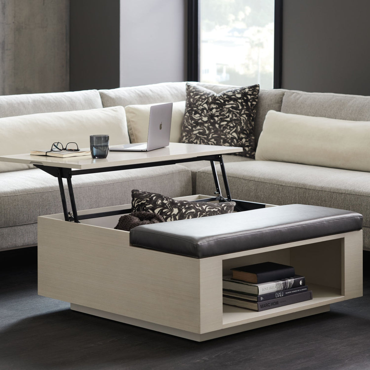 Taupe Lift-Top Coffee Table – Repetition – angled view