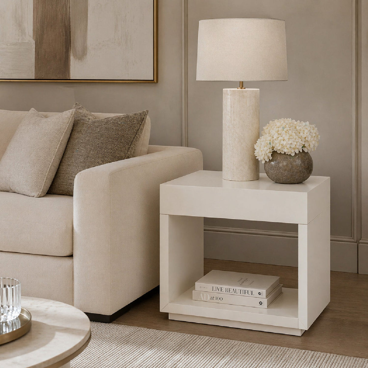 White 1-Drawer End Table – Expressions – angled view