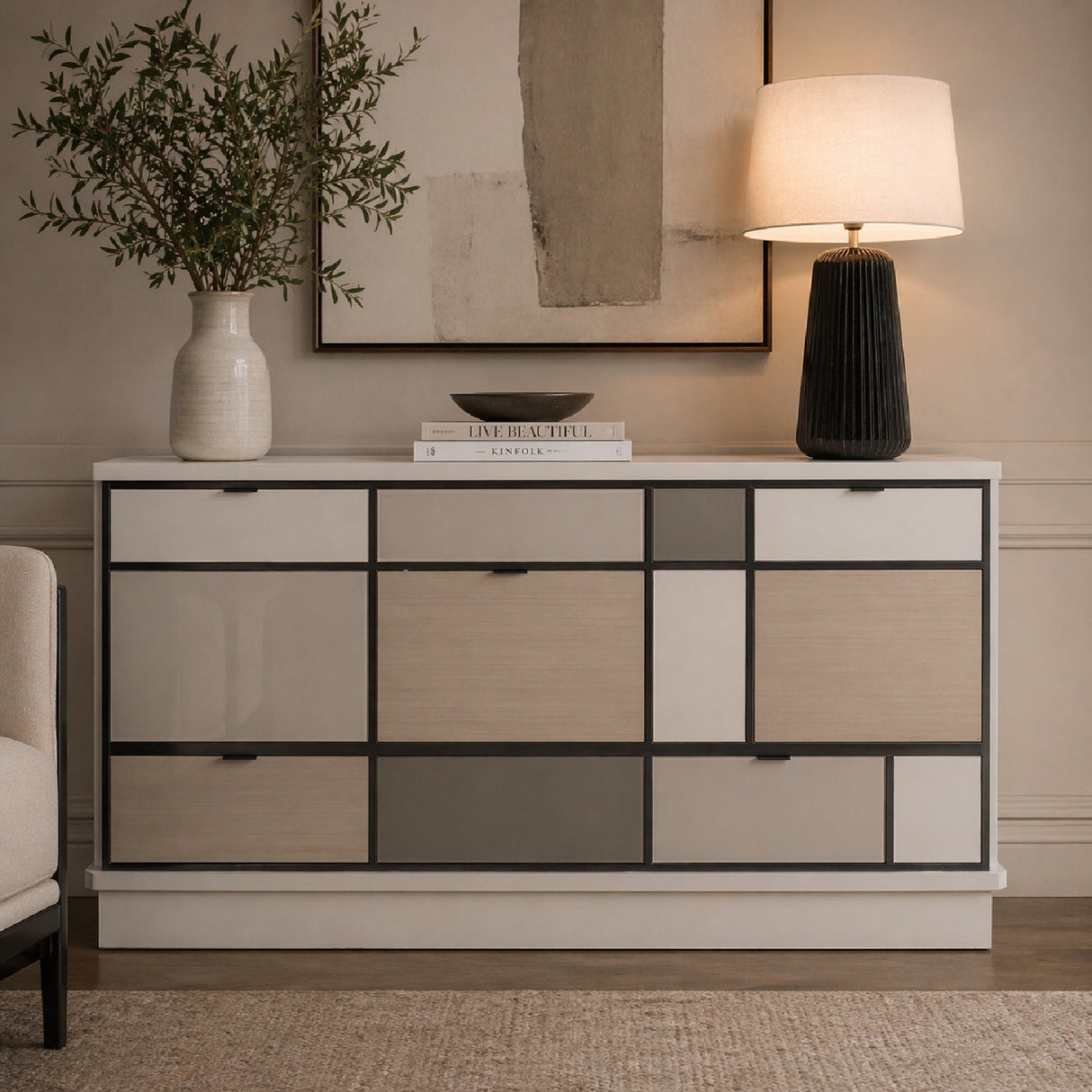 Checkerboard Glass 8-Drawer Sideboard – Repetition – angled view