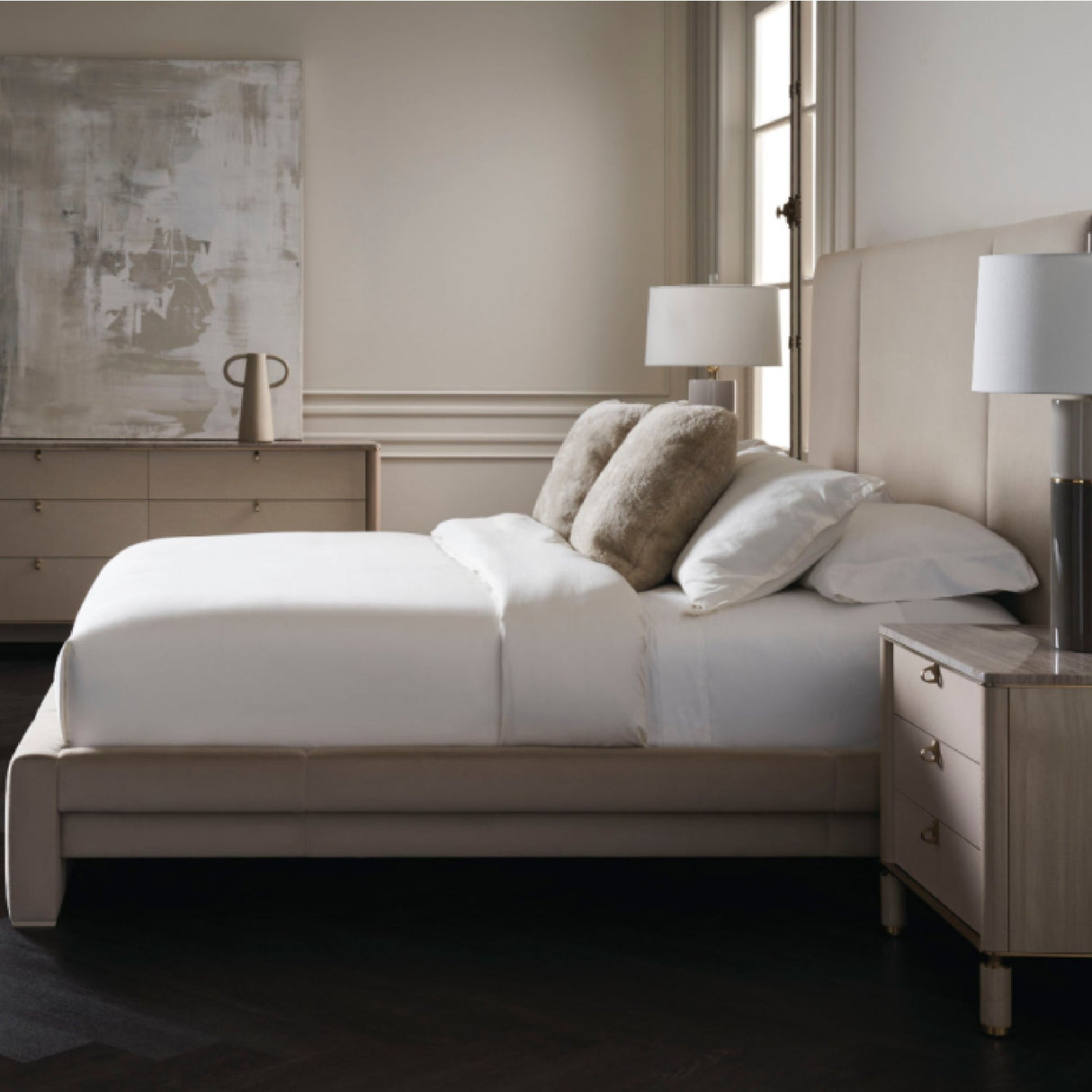 Ecru Upholstered Bed – Balance – angled view