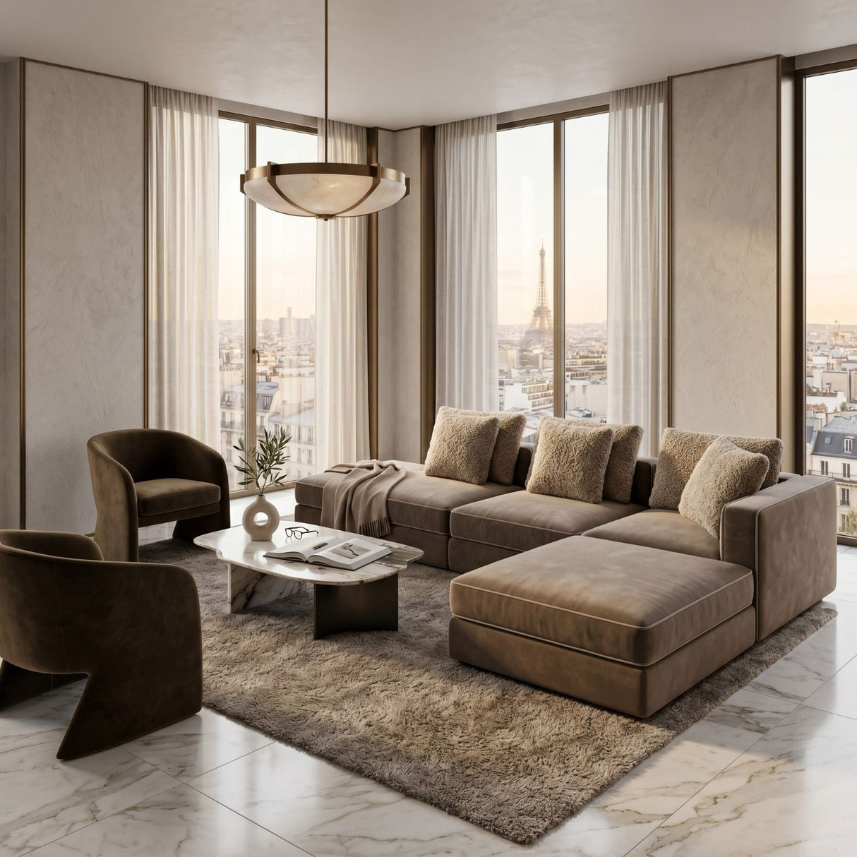 Brown Welted Sectional Sofa – Marbella – angled view