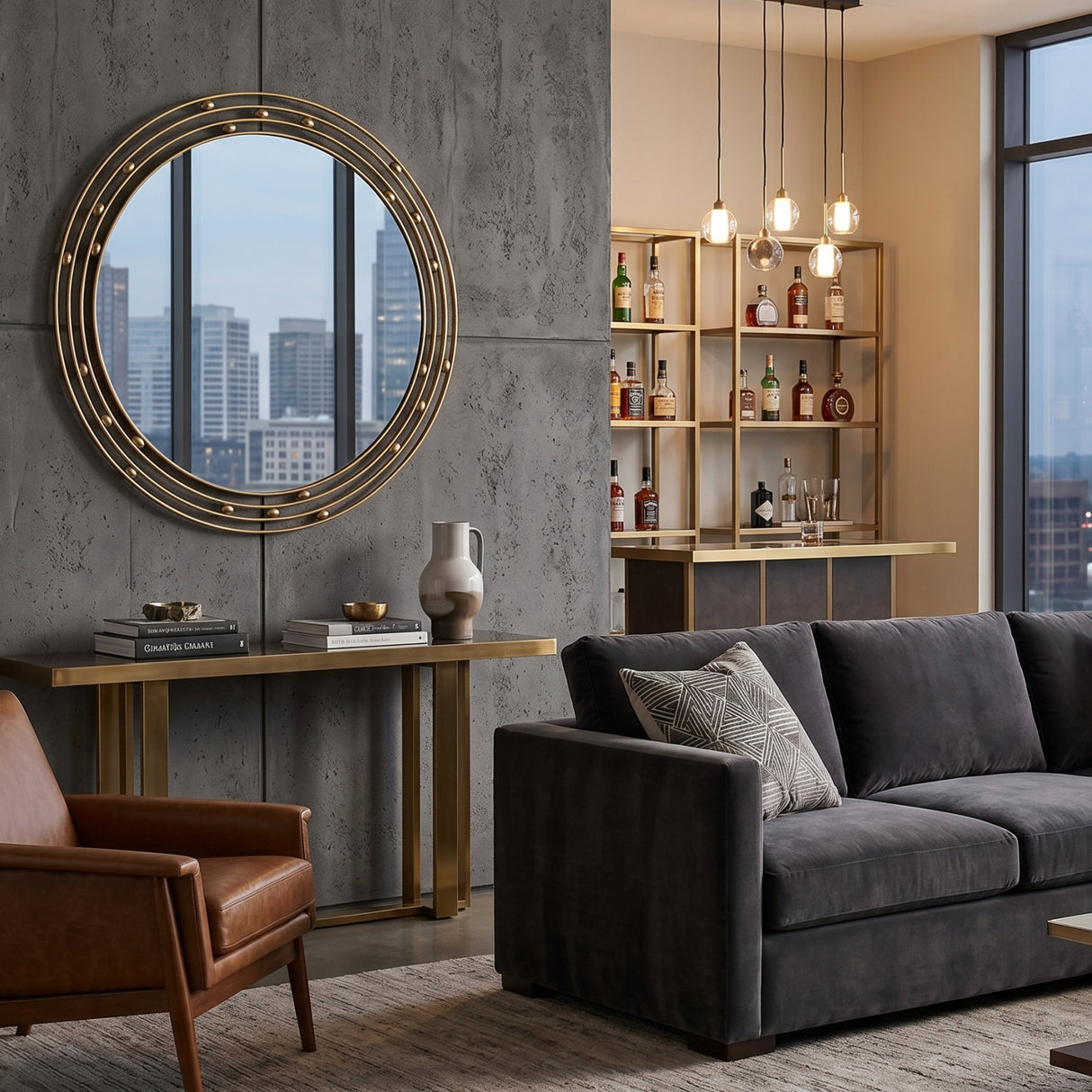 Solid Brass Round Mirror – The Galaxy – angled view