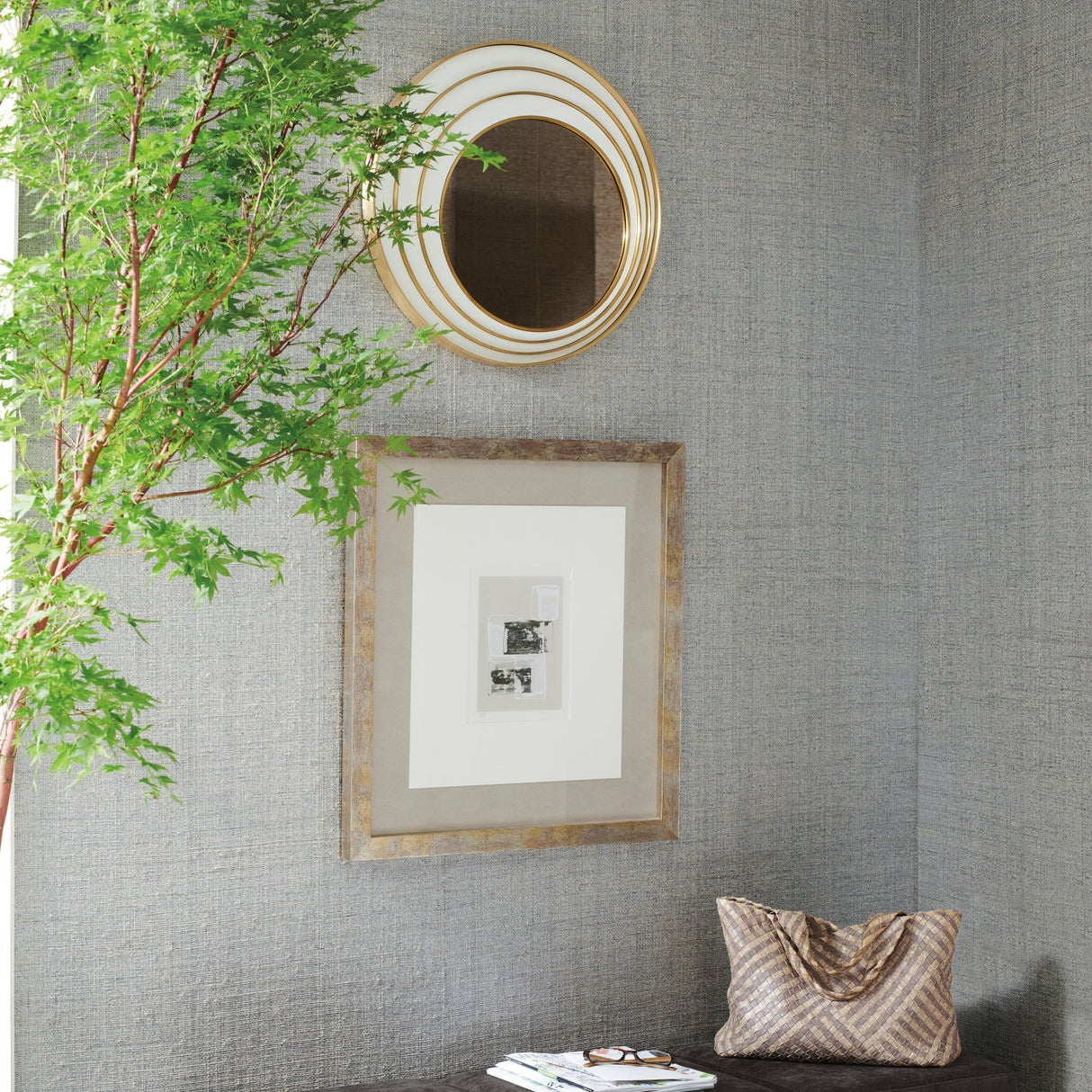 Brass Asymmetrical Round Mirror – The Solar – angled view