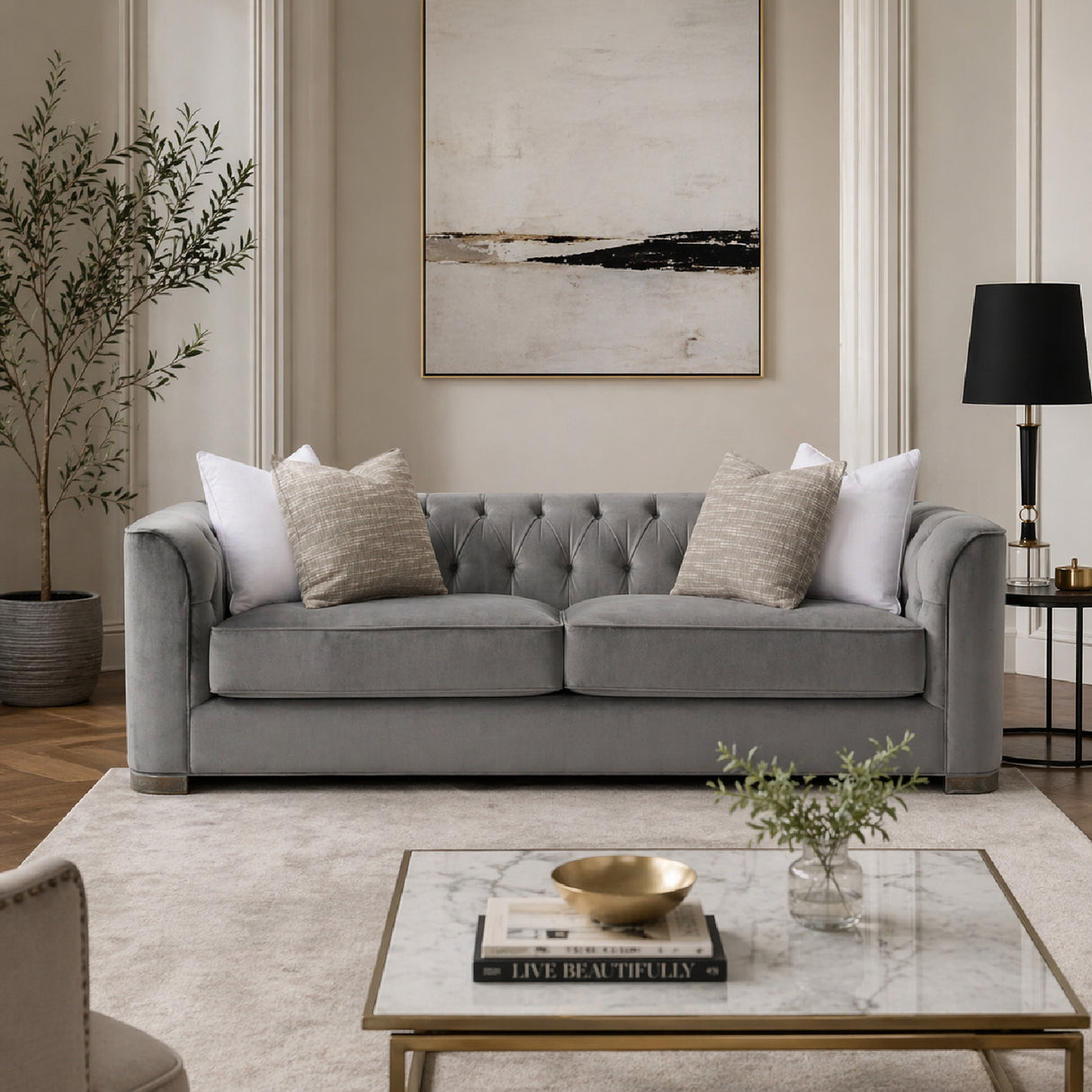 Gray Tufted Sofa – Tuft – angled view