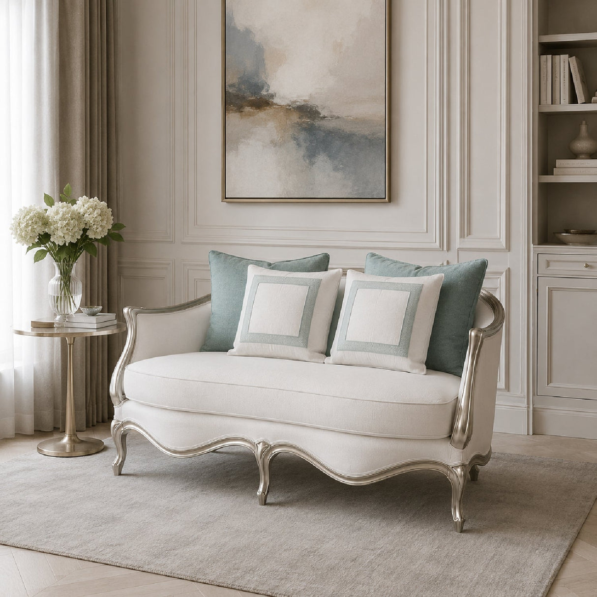 Silver-Framed Loveseat – Le Canape – angled view