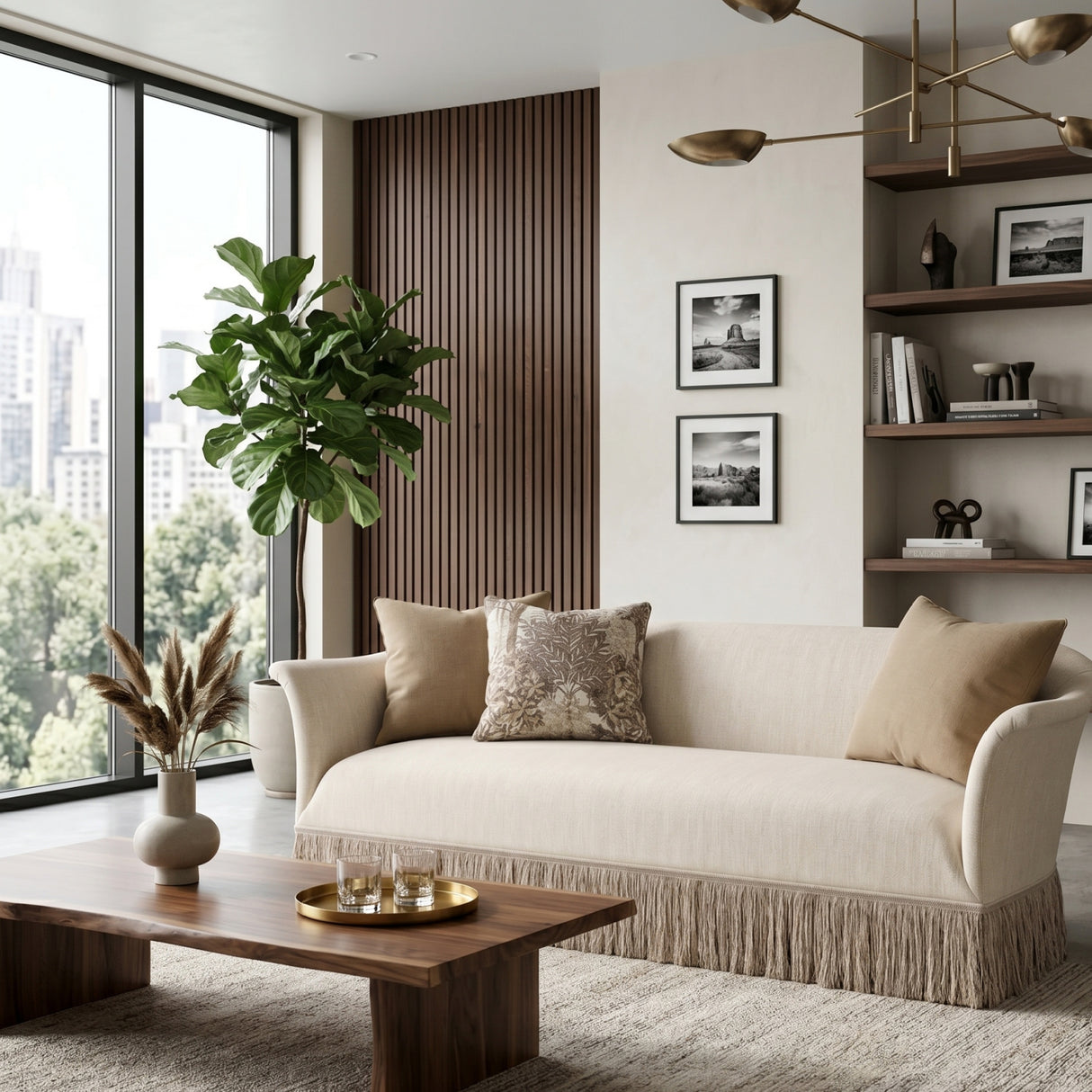 Fringed Skirt Beige Sofa – Savoy – angled view