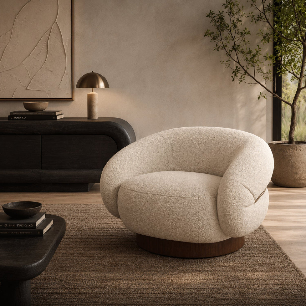 White Boucle Swivel Chair – Smoosh – angled view