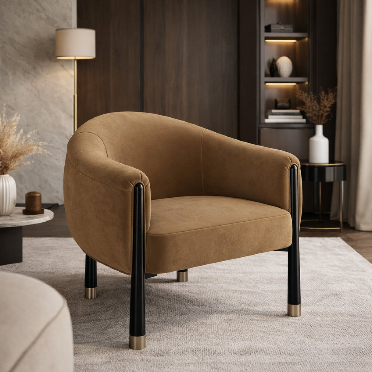 Velvet Curved Accent Chair – Baton – angled view