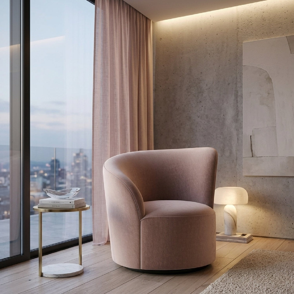 Taupe Velvet Left-Armed Swivel Chair – Whorl – angled view
